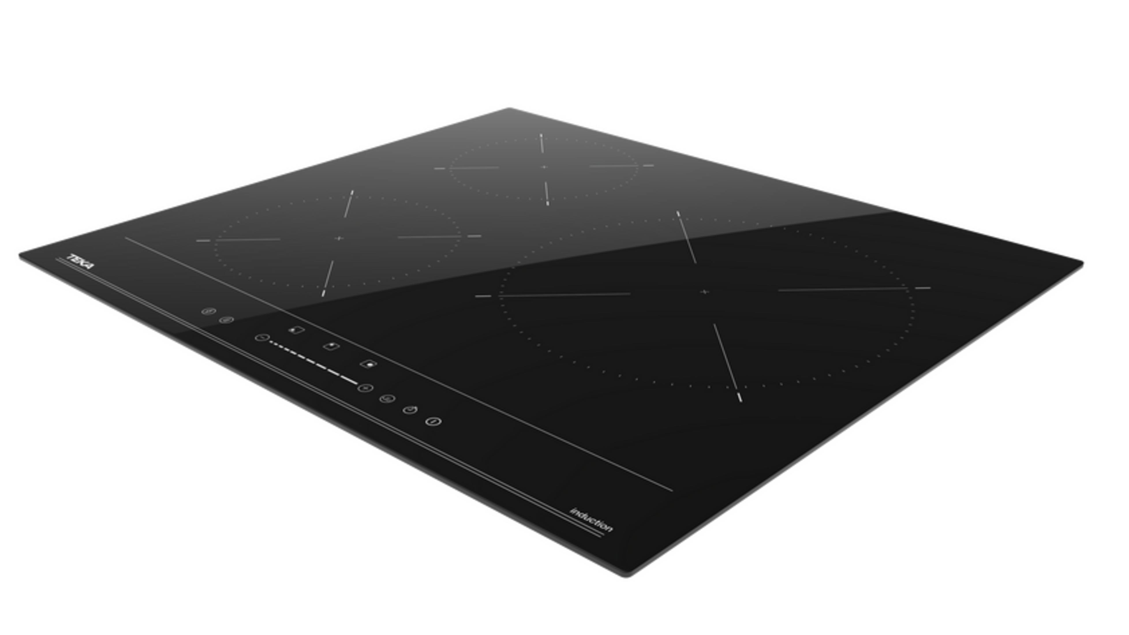 Placa de inducción negra con cuatro zonas de cocción y controles táctiles.
