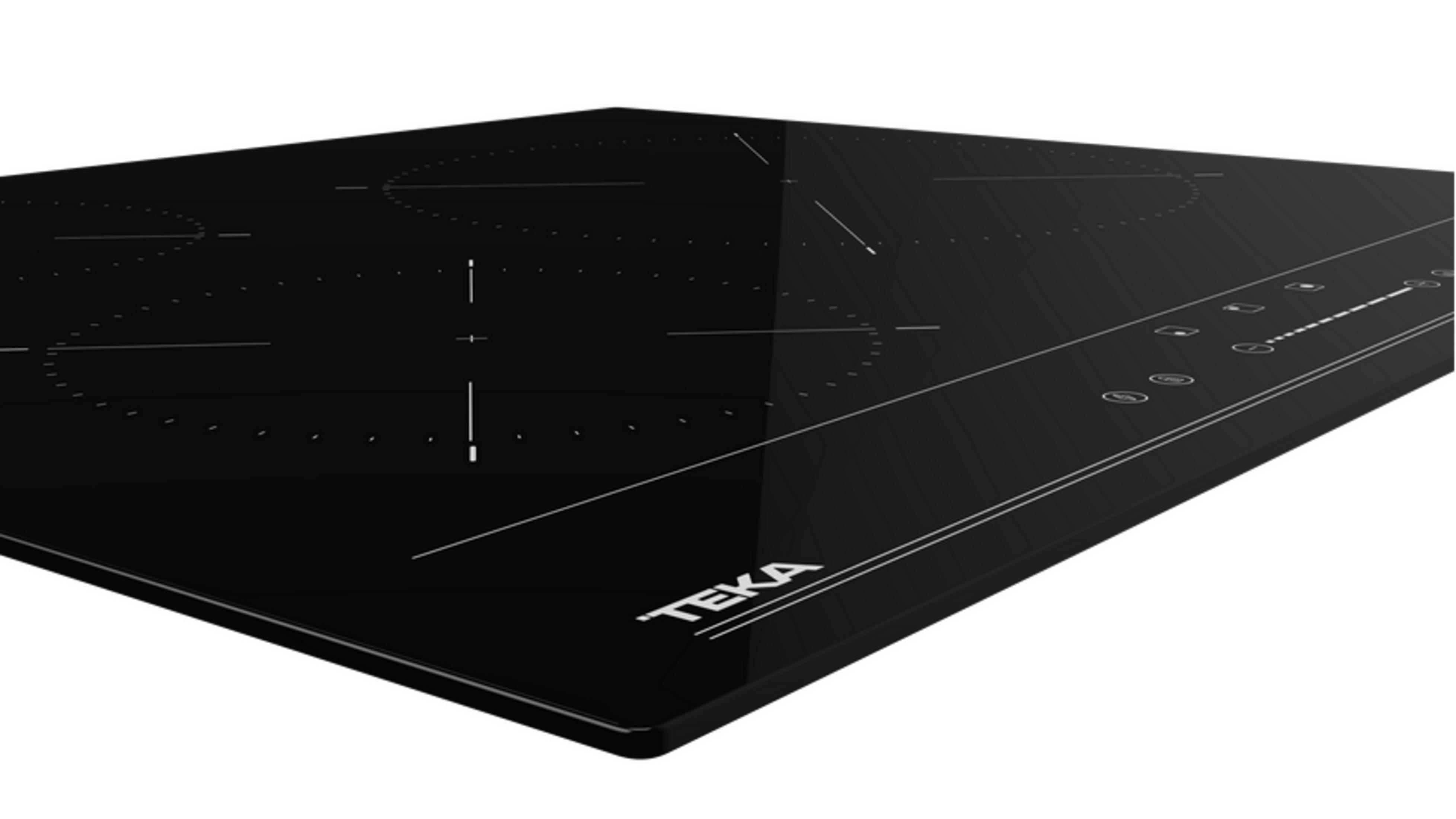 Placa de inducción negra con cuatro zonas de cocción y controles táctiles.