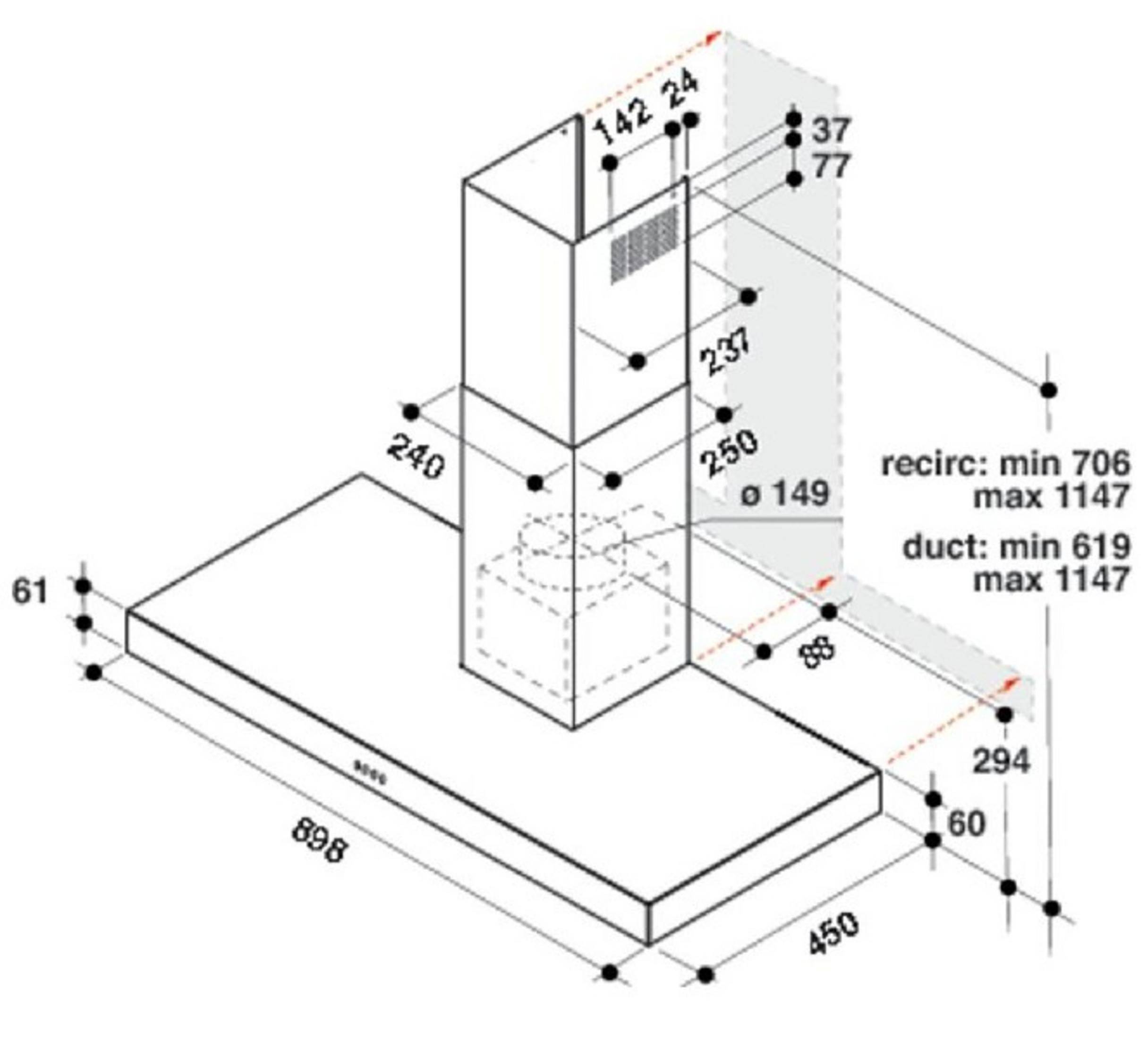 Disegno tecnico di una cappa da cucina con dimensioni.