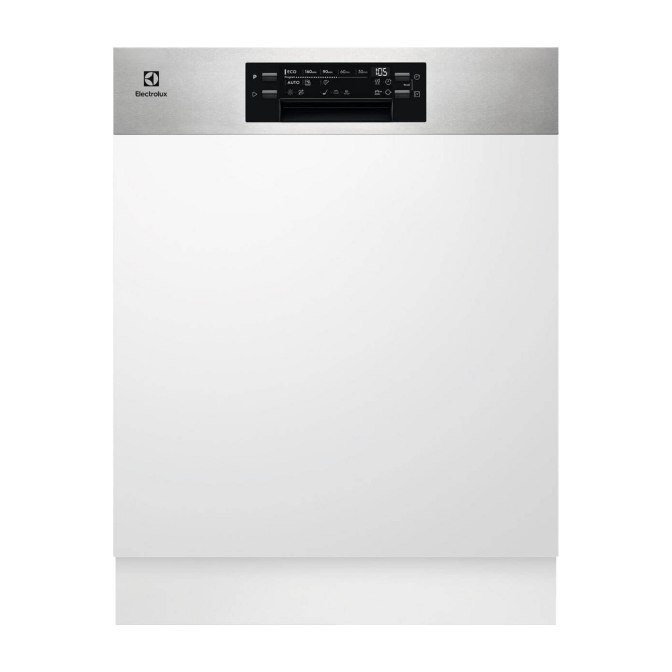 Ein weißer Geschirrspüler mit silberner Steuerung und Electrolux-Logo.