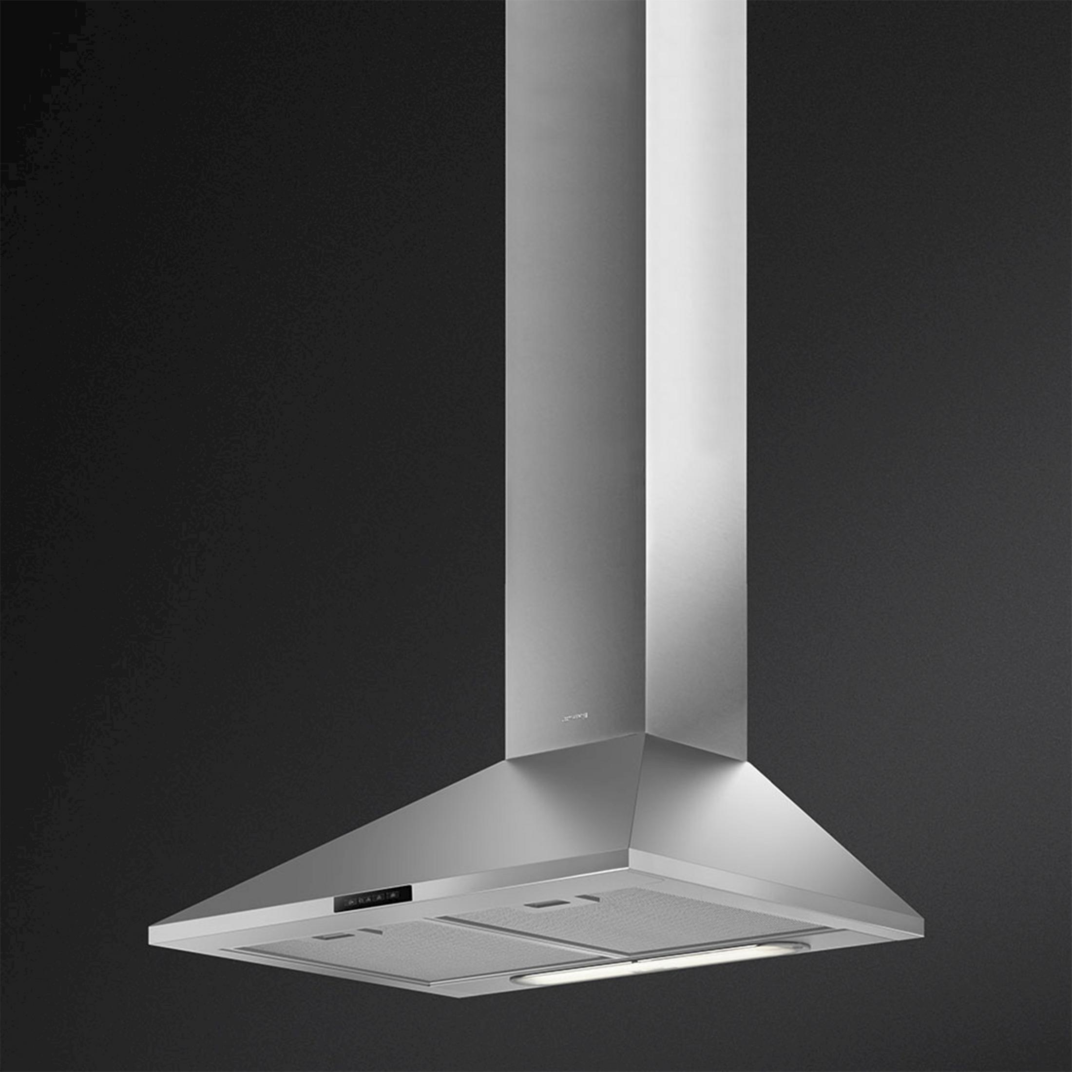 Moderna campana extractora de acero inoxidable con panel de control negro y luz.