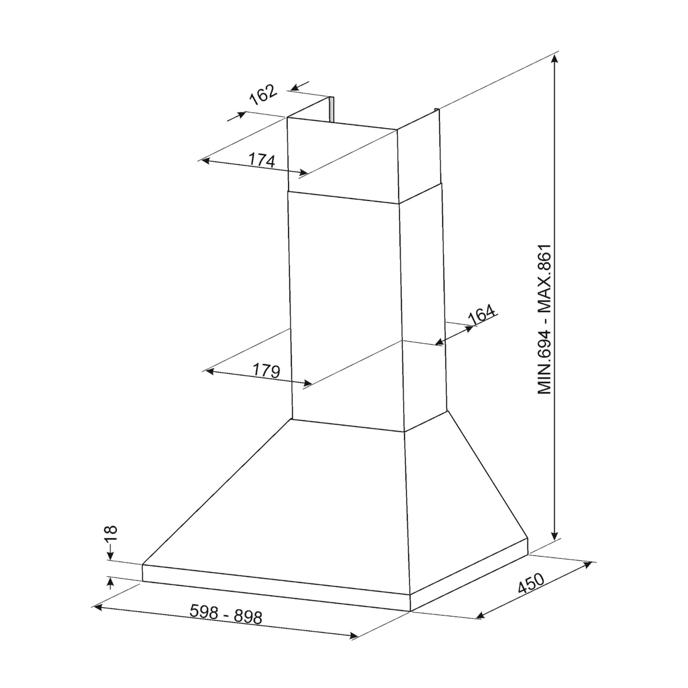 Dibujo técnico de una campana extractora con dimensiones.