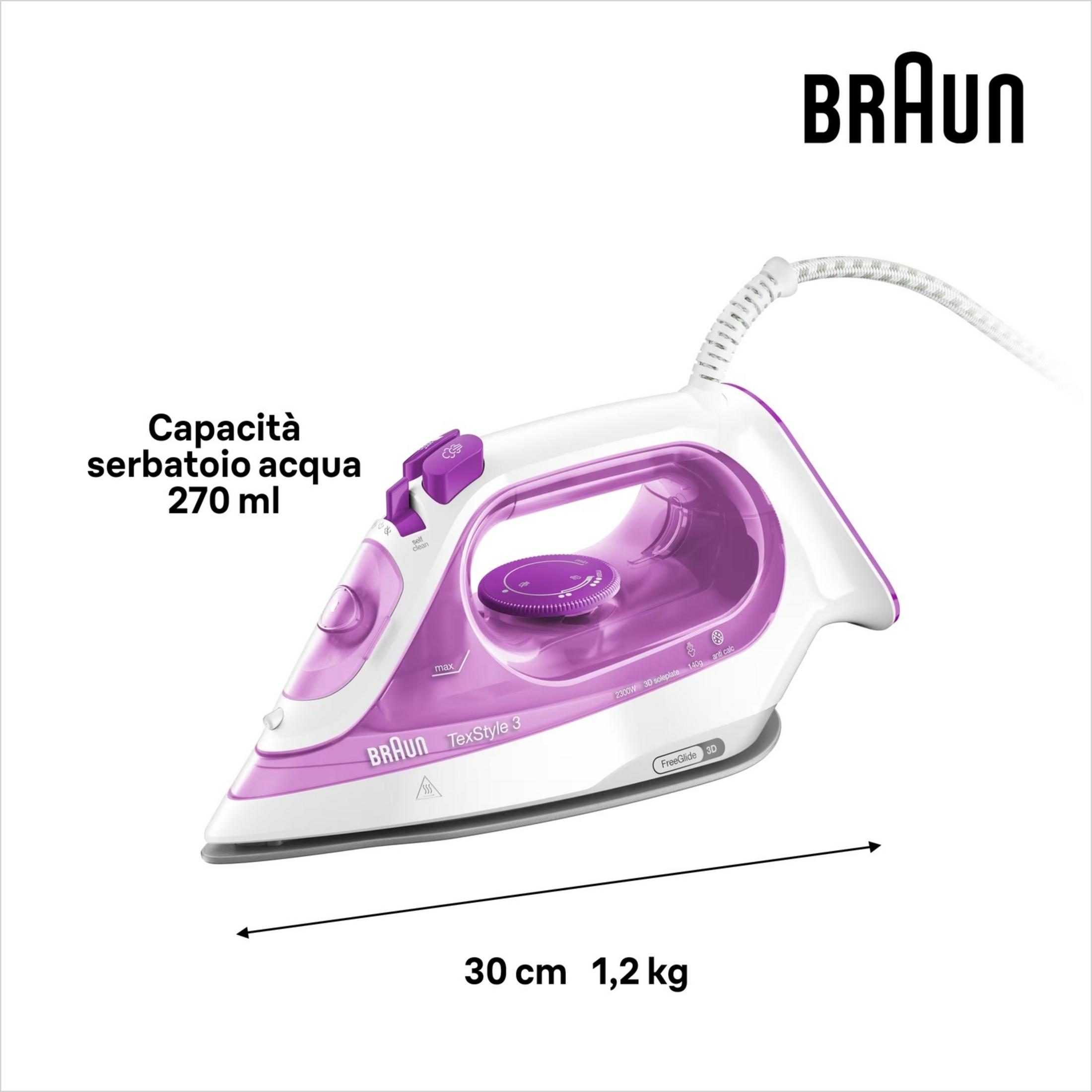 Lila und weiße Braun Dampfbügeleisen mit 270 ml Wassertank, 30 cm Länge, 1,2 kg Gewicht.
