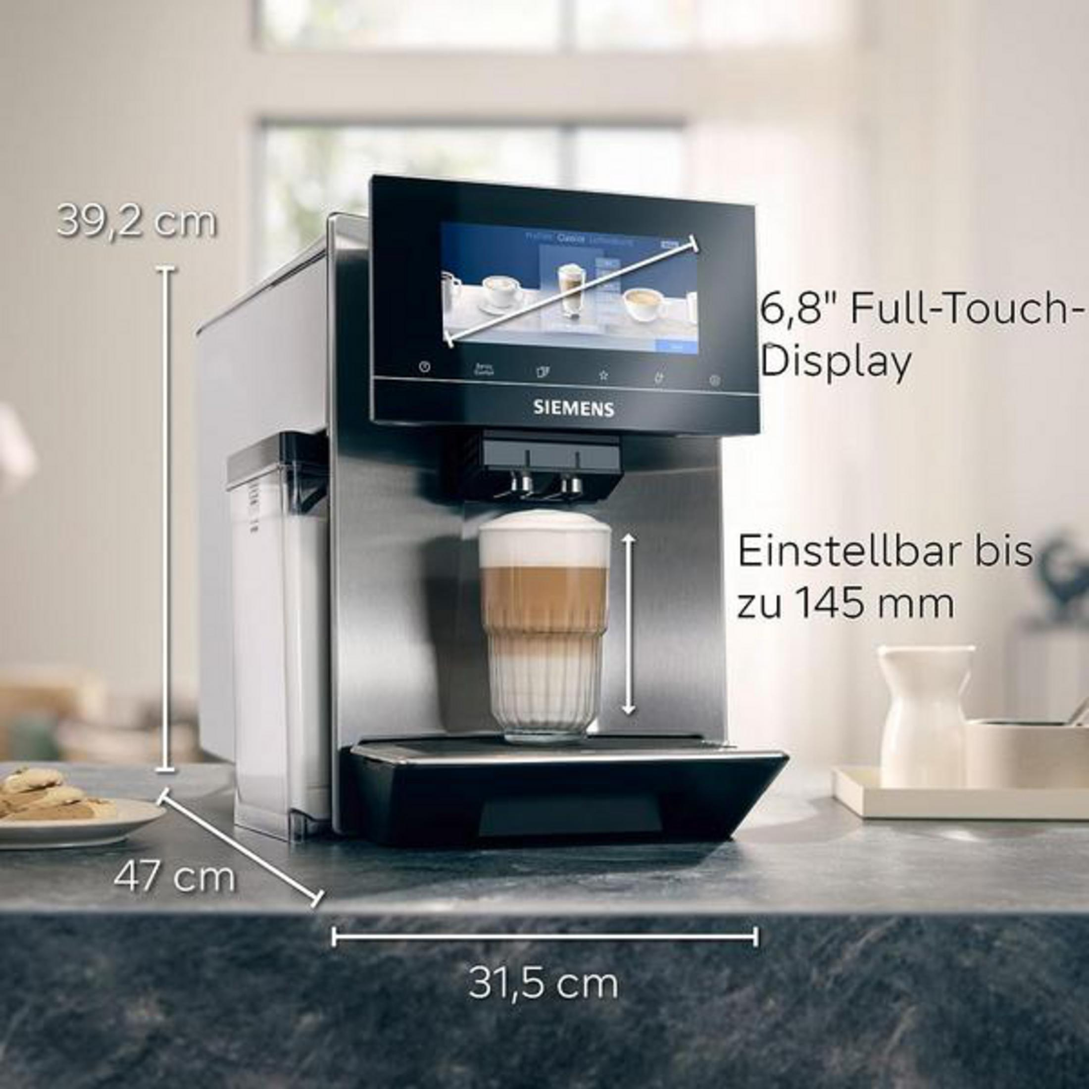 Macchina da caffè automatica Siemens con display touch da 6,8 pollici e latte macchiato.