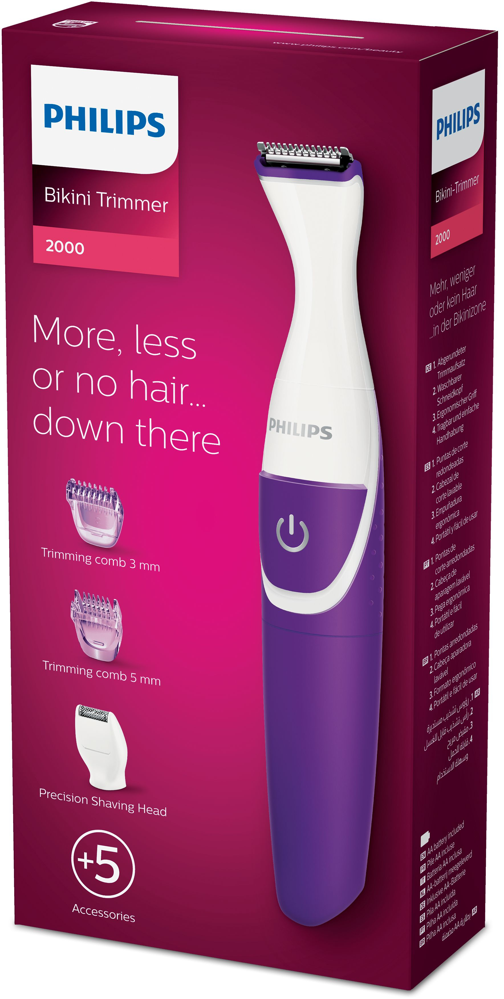 Philips Bikini Trimmer 2000 mit Zubehör: Trimmer, 2 Aufsätze, Präzisionsscherkopf.