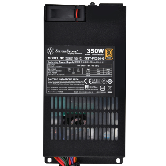 Czarny zasilacz SilverStone o mocy 350W, certyfikat 80 Plus Gold.