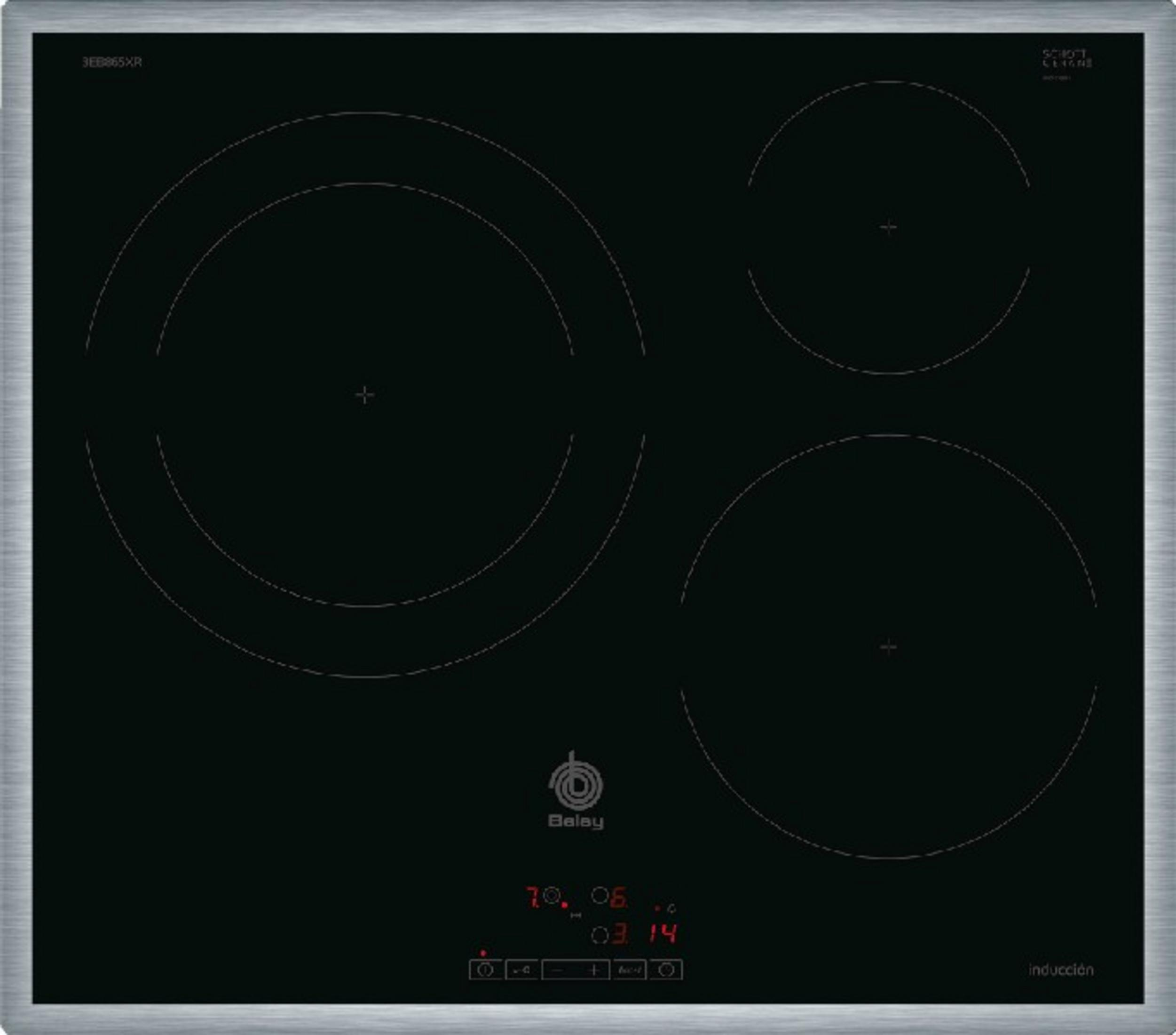 Vitrocerámica de inducción negra con tres zonas y pantalla digital.