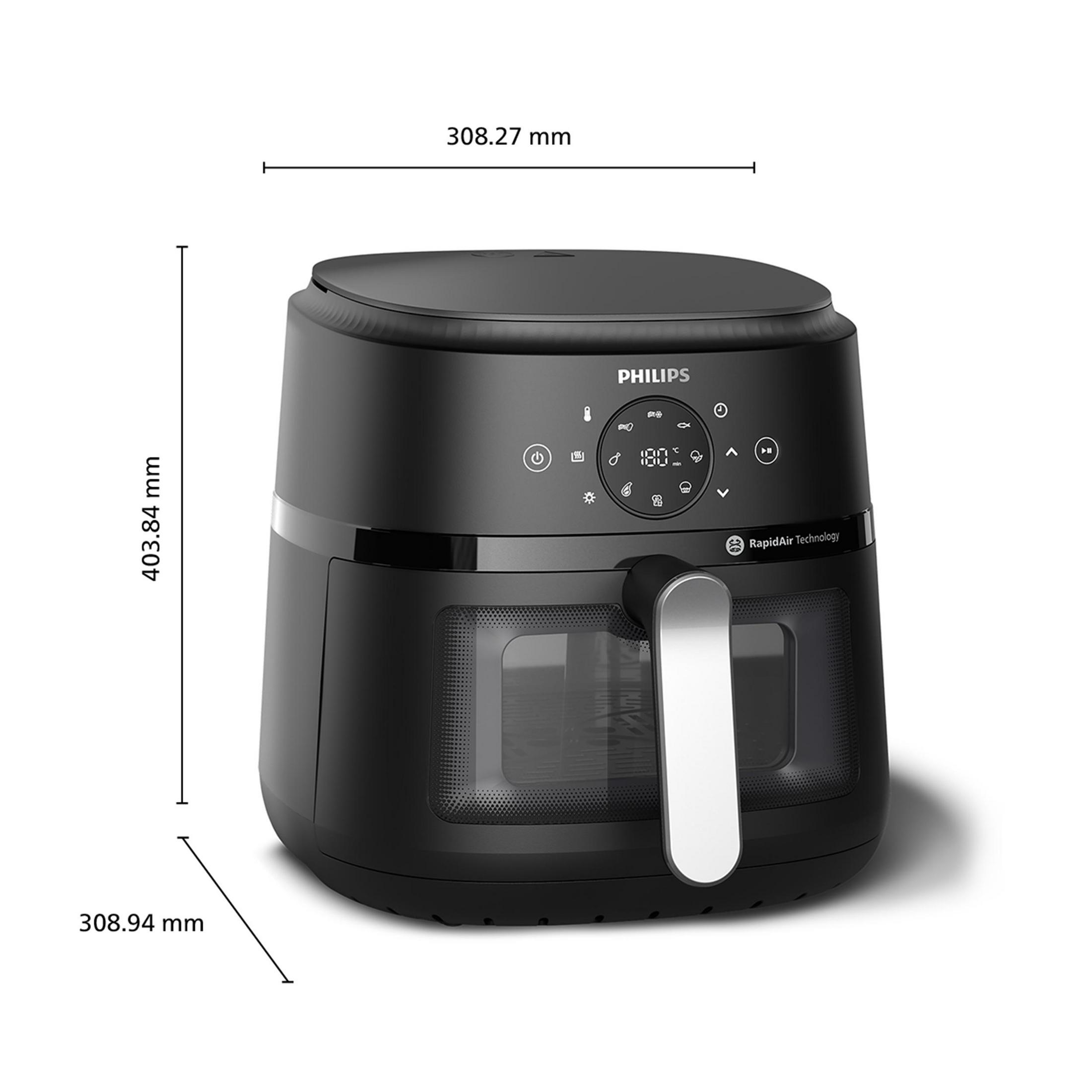 Friteuse à air Philips noire avec fenêtre et commandes numériques. Dimensions indiquées.