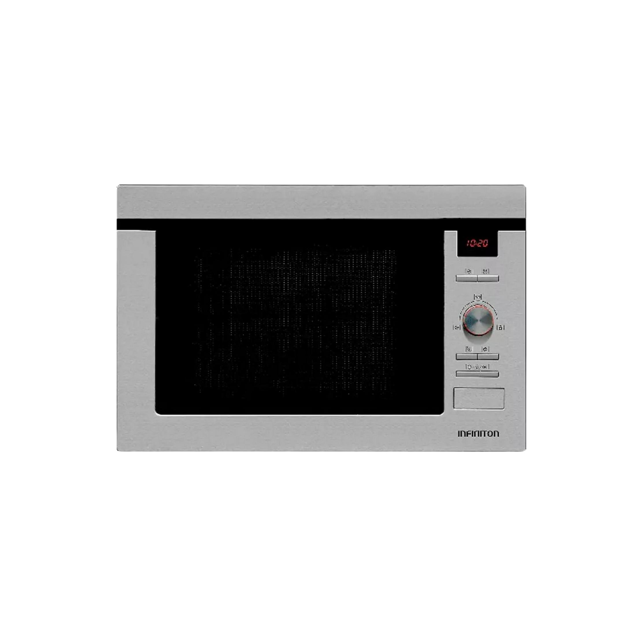 Forno a microonde argentato con porta nera, display digitale e pulsanti.