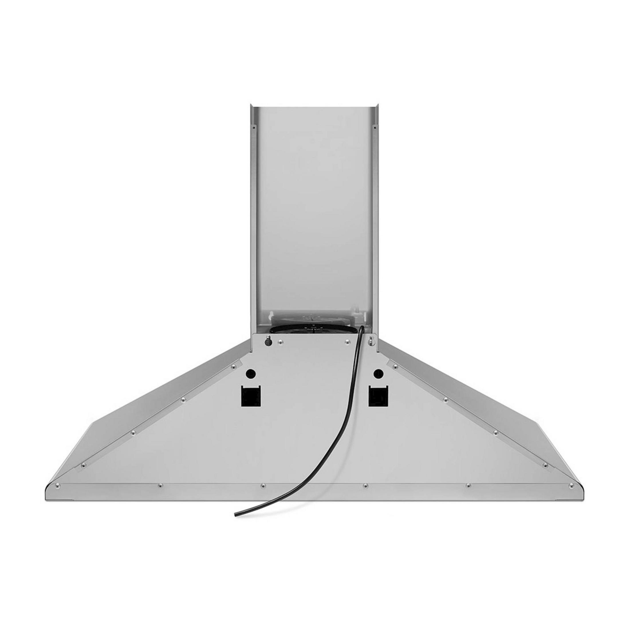 Campana extractora de acero inoxidable con cable negro y ventilador.