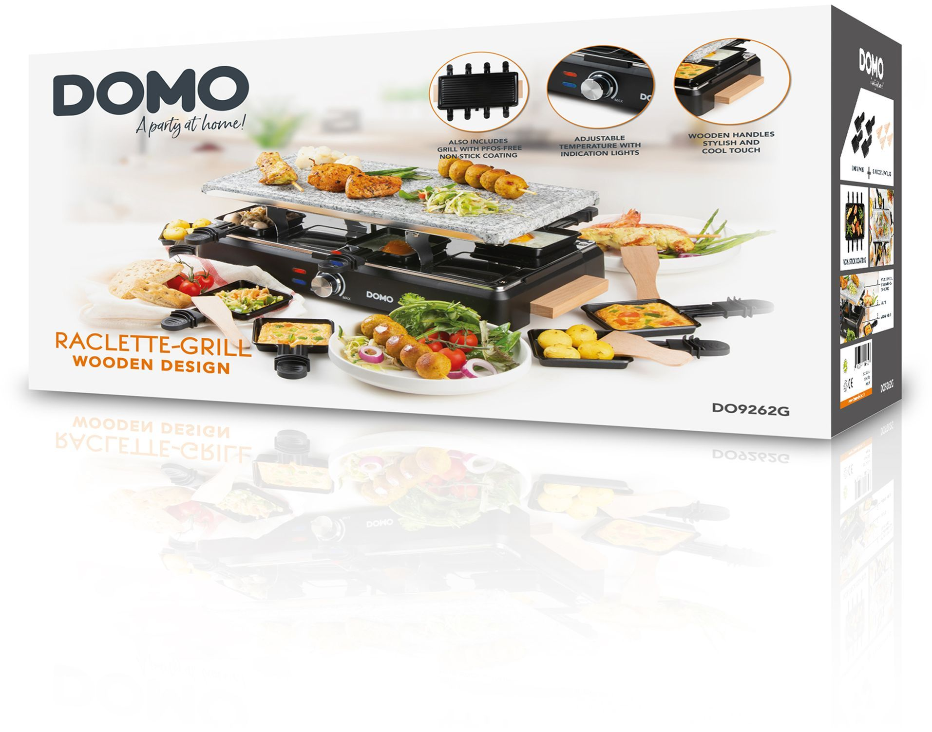 DOMO Raclette-Grill mit Holzdesign, gefüllt mit Essen. Details hervorgehoben.