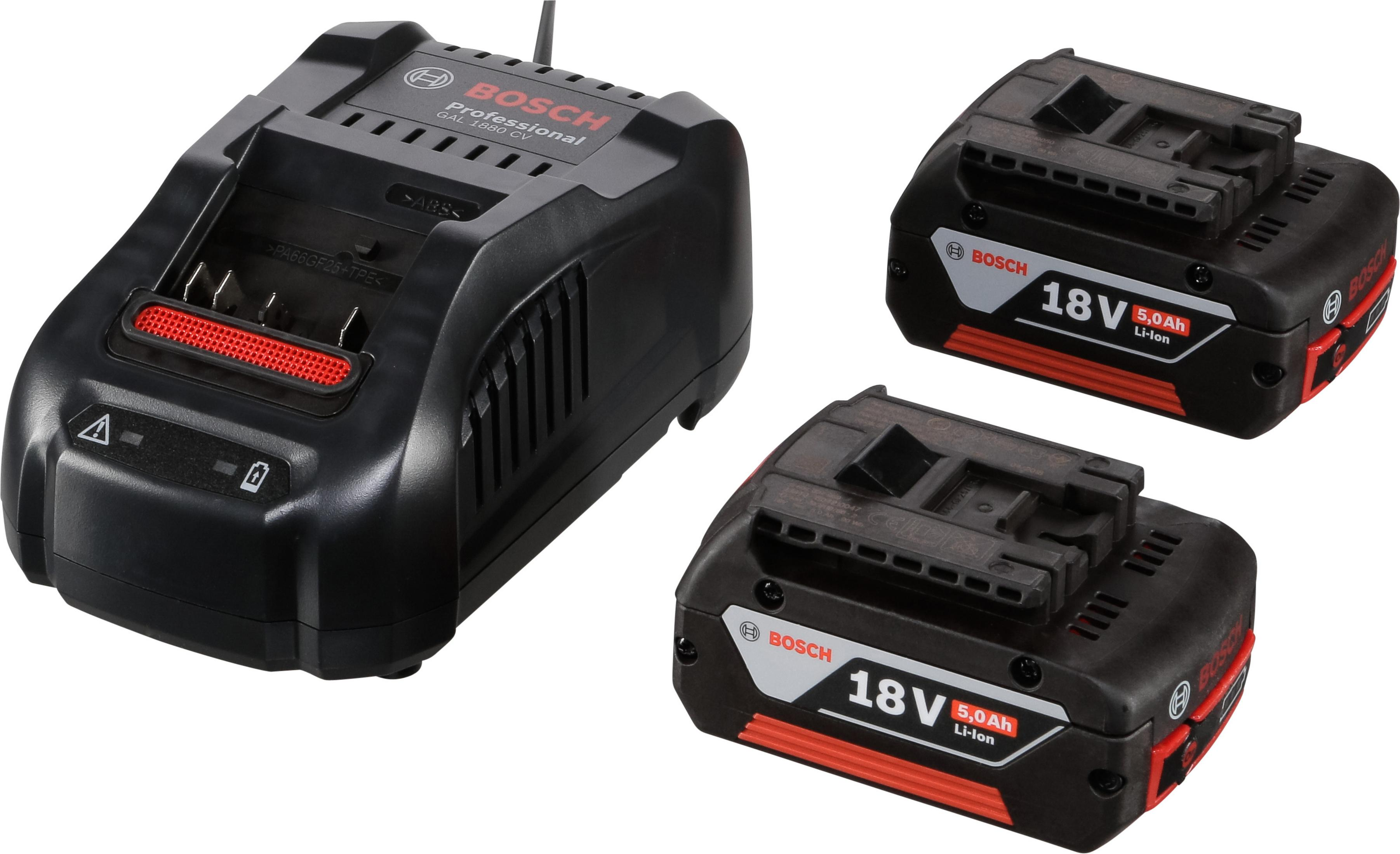 Siyah bir Bosch şarj cihazı ve iki adet 18V 5.0Ah Li-Ion pil.