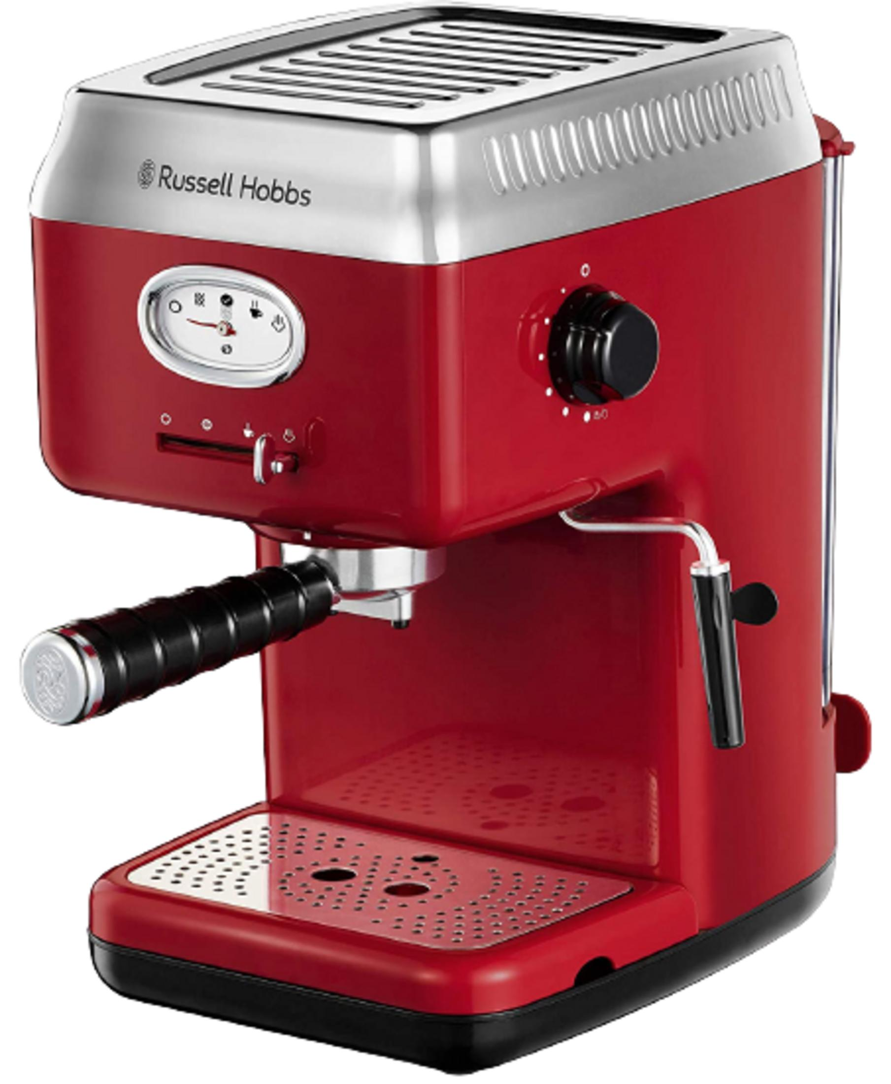 Eine rote Russell Hobbs Espressomaschine mit silbernen Akzenten und schwarzem Griff.