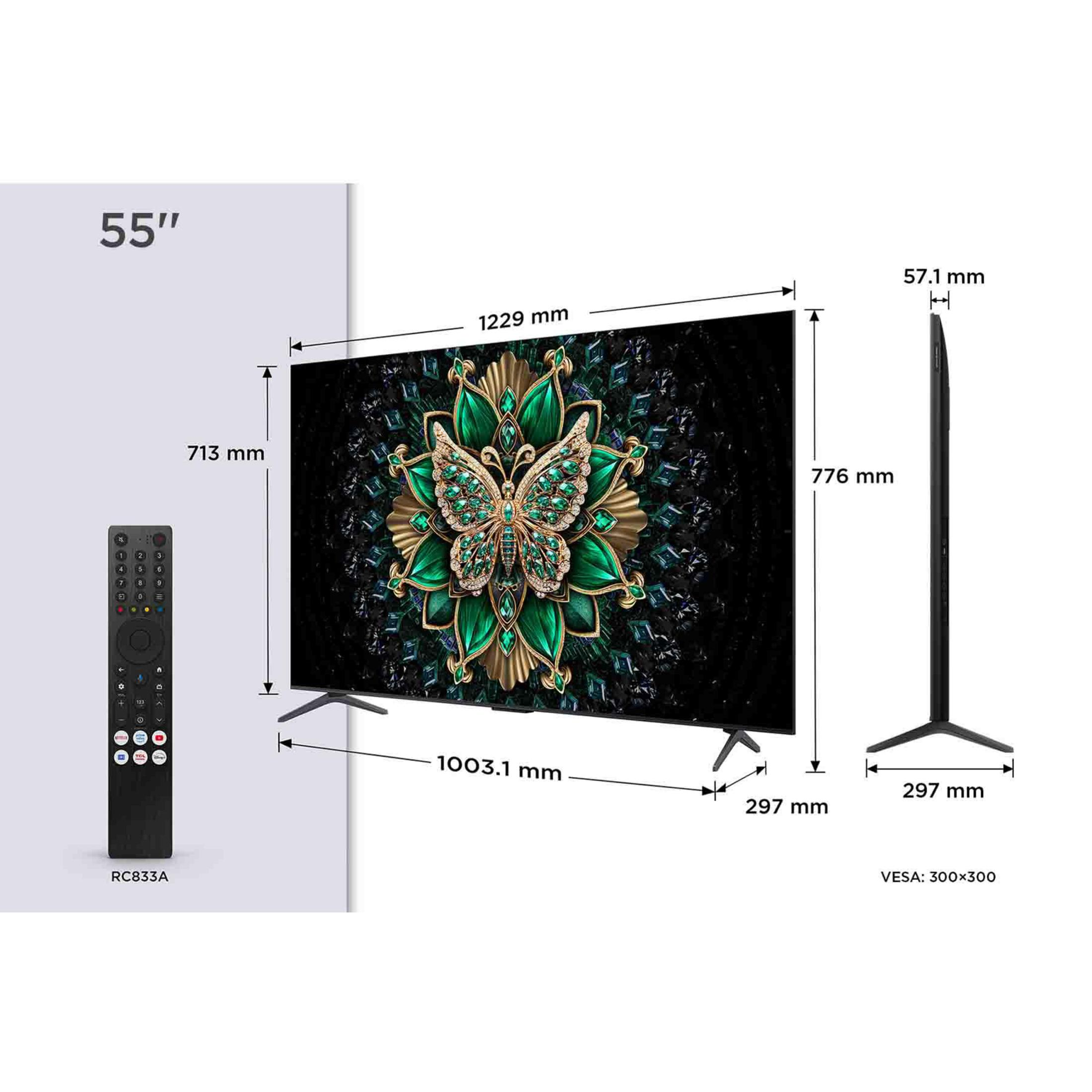 TV da 55 pollici con telecomando e dimensioni.