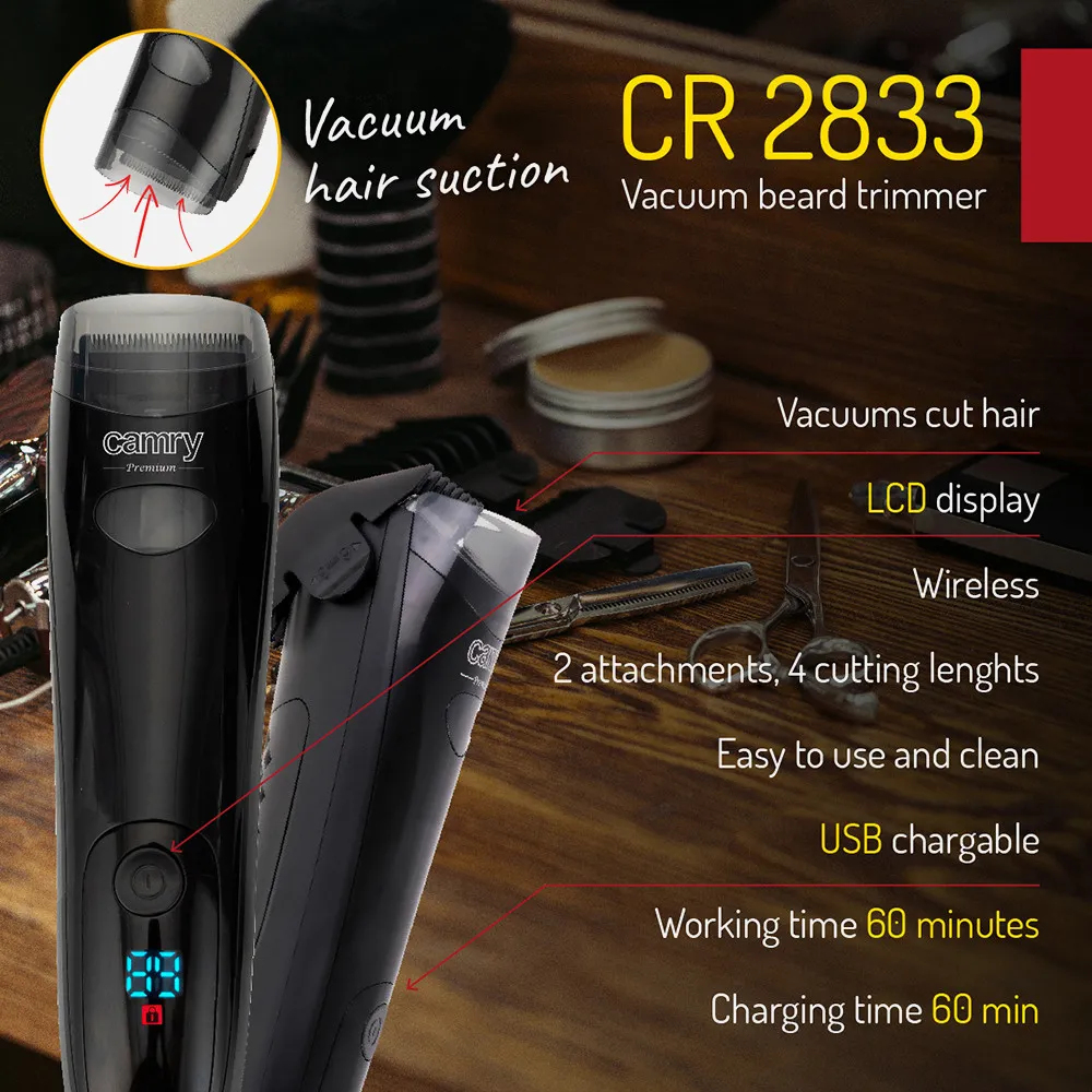 Recortadora de barba negra con aspiración, pantalla LCD, 2 accesorios.