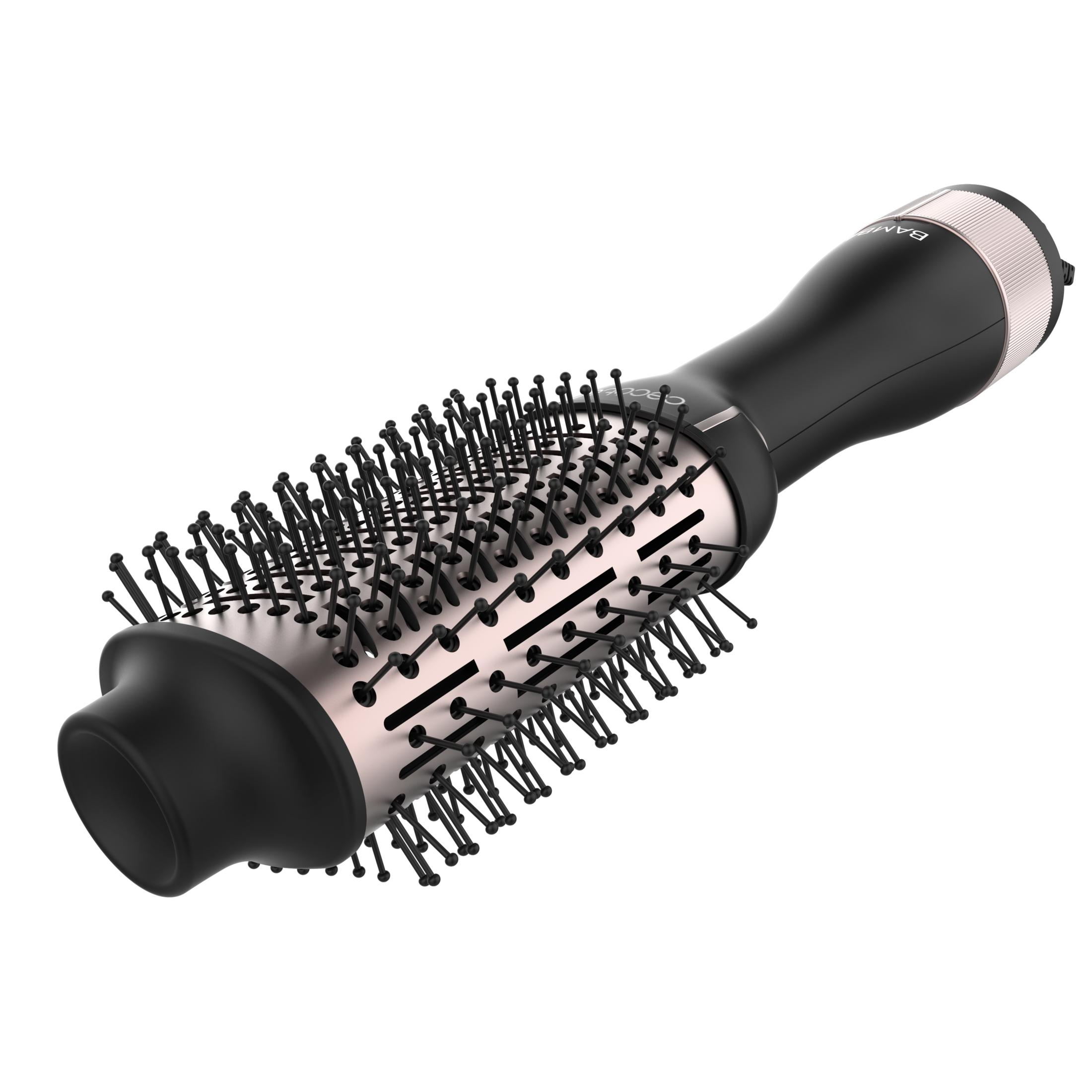 Un accesorio de cepillo secador de pelo negro con barril plateado y cerdas negras.
