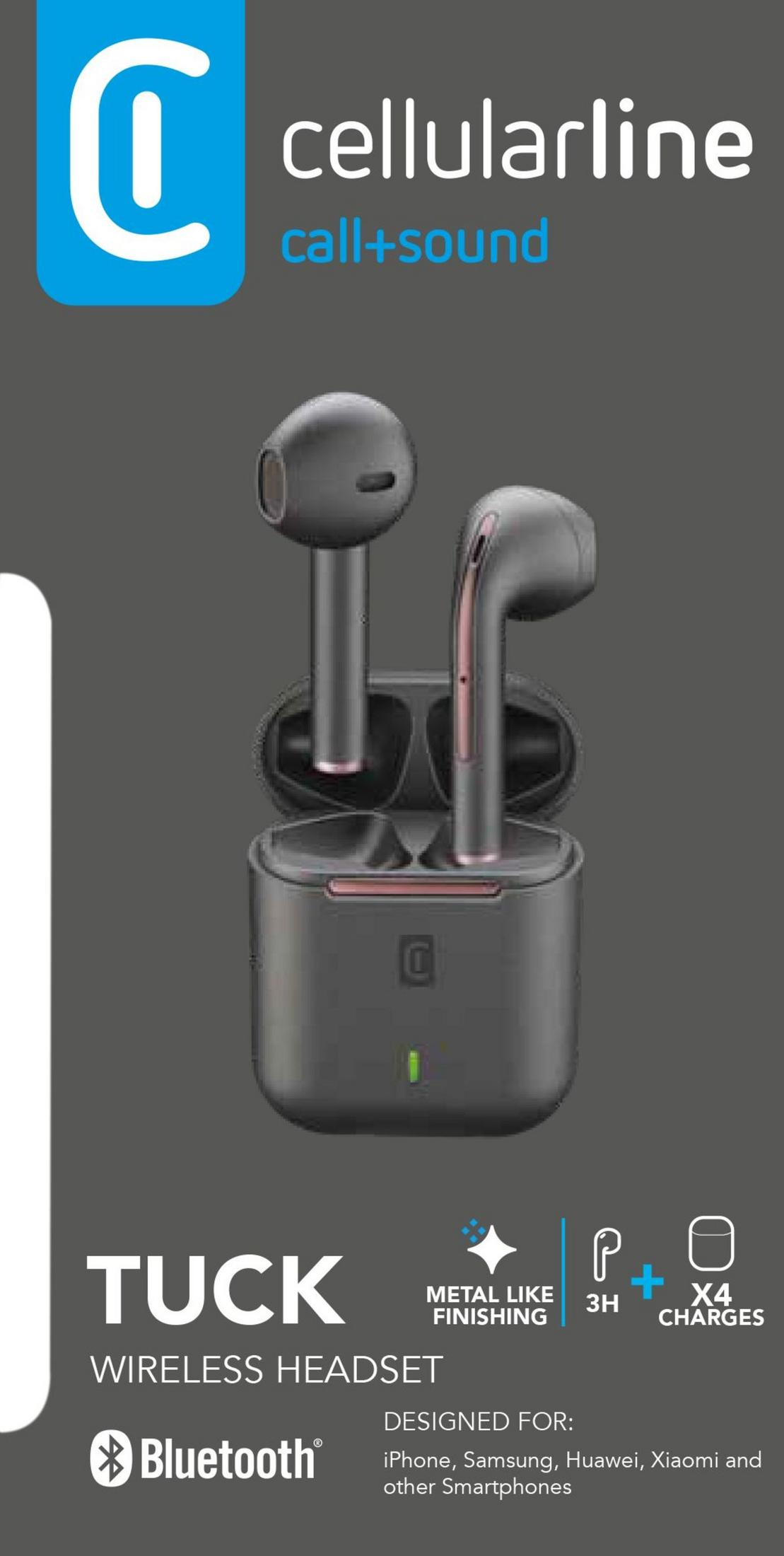 Auricolari wireless grigi Cellularline TUCK con custodia di ricarica. Offrono 3h di riproduzione.