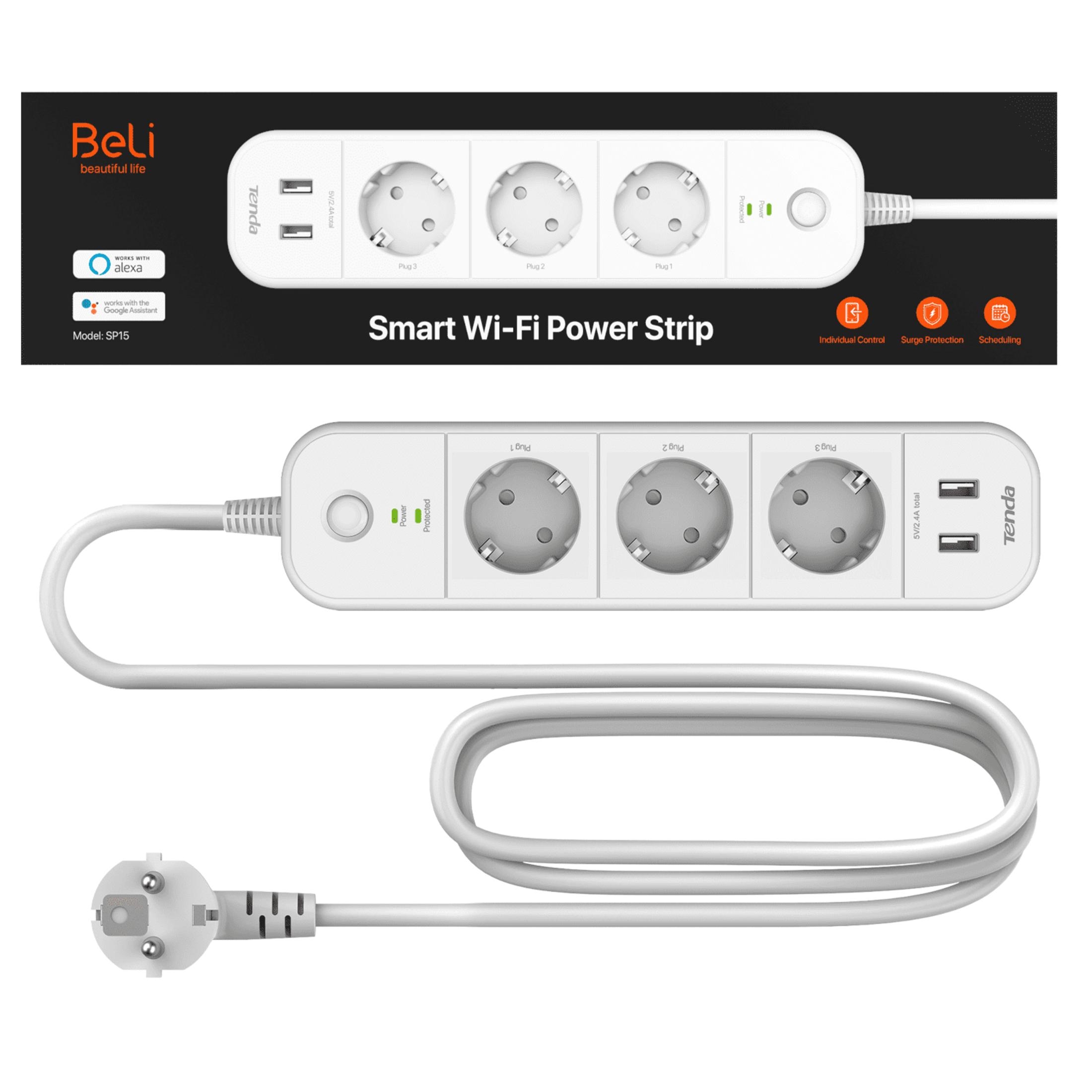 Una ciabatta bianca smart Wi-Fi con tre prese, due porte USB e un cavo.