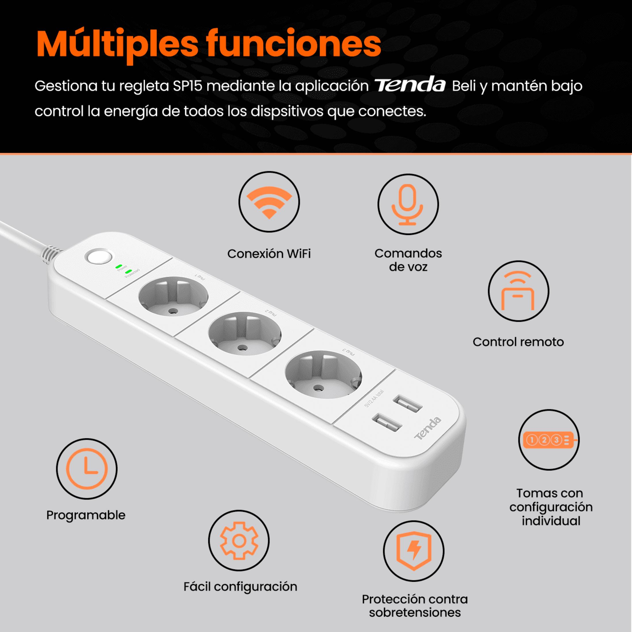 Multipresa bianca con più funzioni, porte USB e icone.