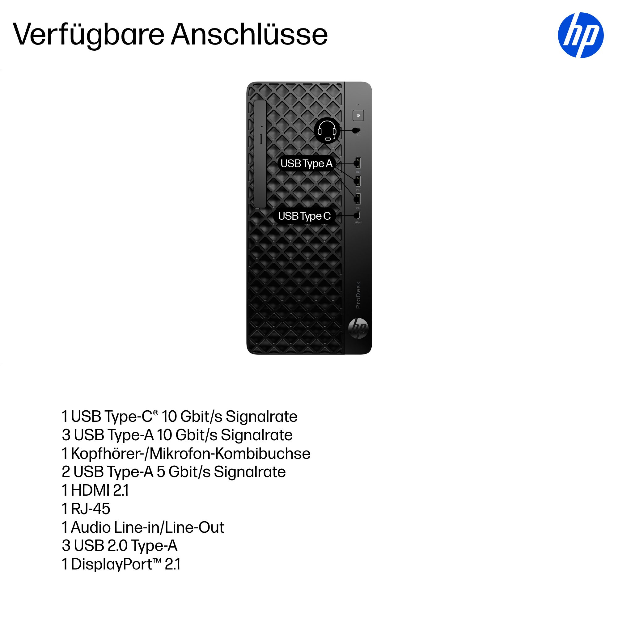 HP ProDesk avec ports : 1x USB-C, 3x USB-A 10G, 1x casque/micro, 2x USB-A 5G, 1x HDMI, 1x RJ-45, 1x Audio, 3x USB 2.0, 1x DP.