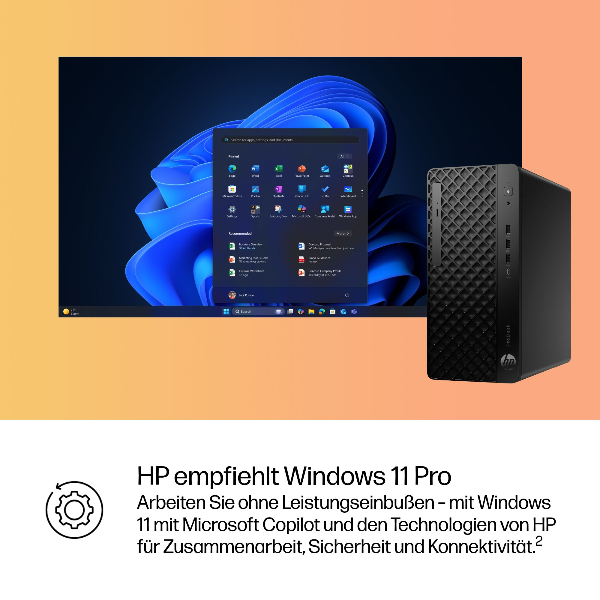 Un PC HP ProDesk noir à côté d'un bureau Windows 11 avec le menu Démarrer ouvert.
