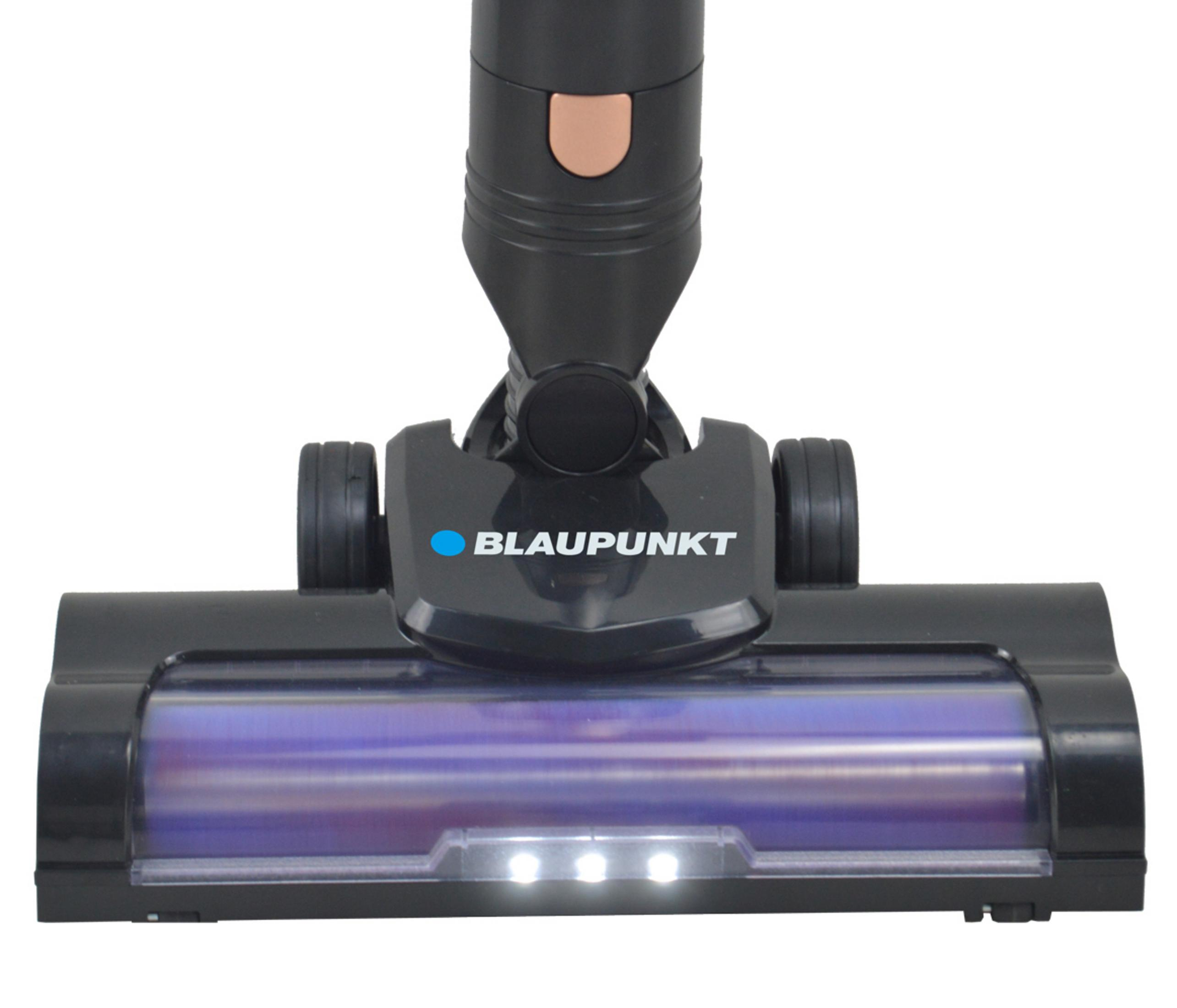 Testina aspirapolvere nera con logo Blaupunkt blu e luci.