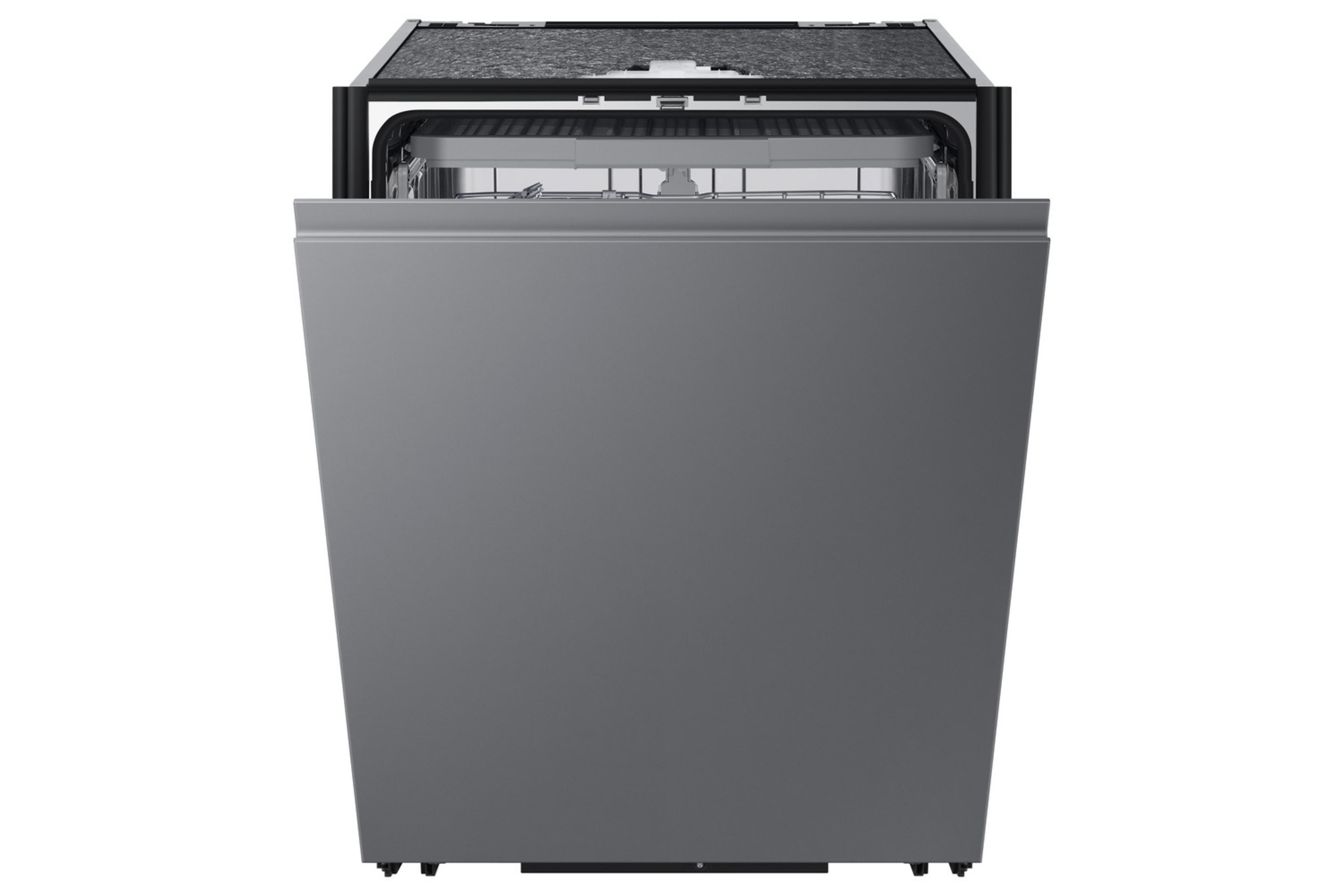 Gray dishwasher with open door, silver racks visible.