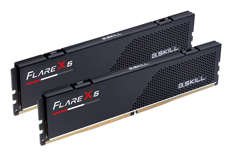 Dwa czarne moduły RAM G.Skill Flare X5 ze złotymi stykami.