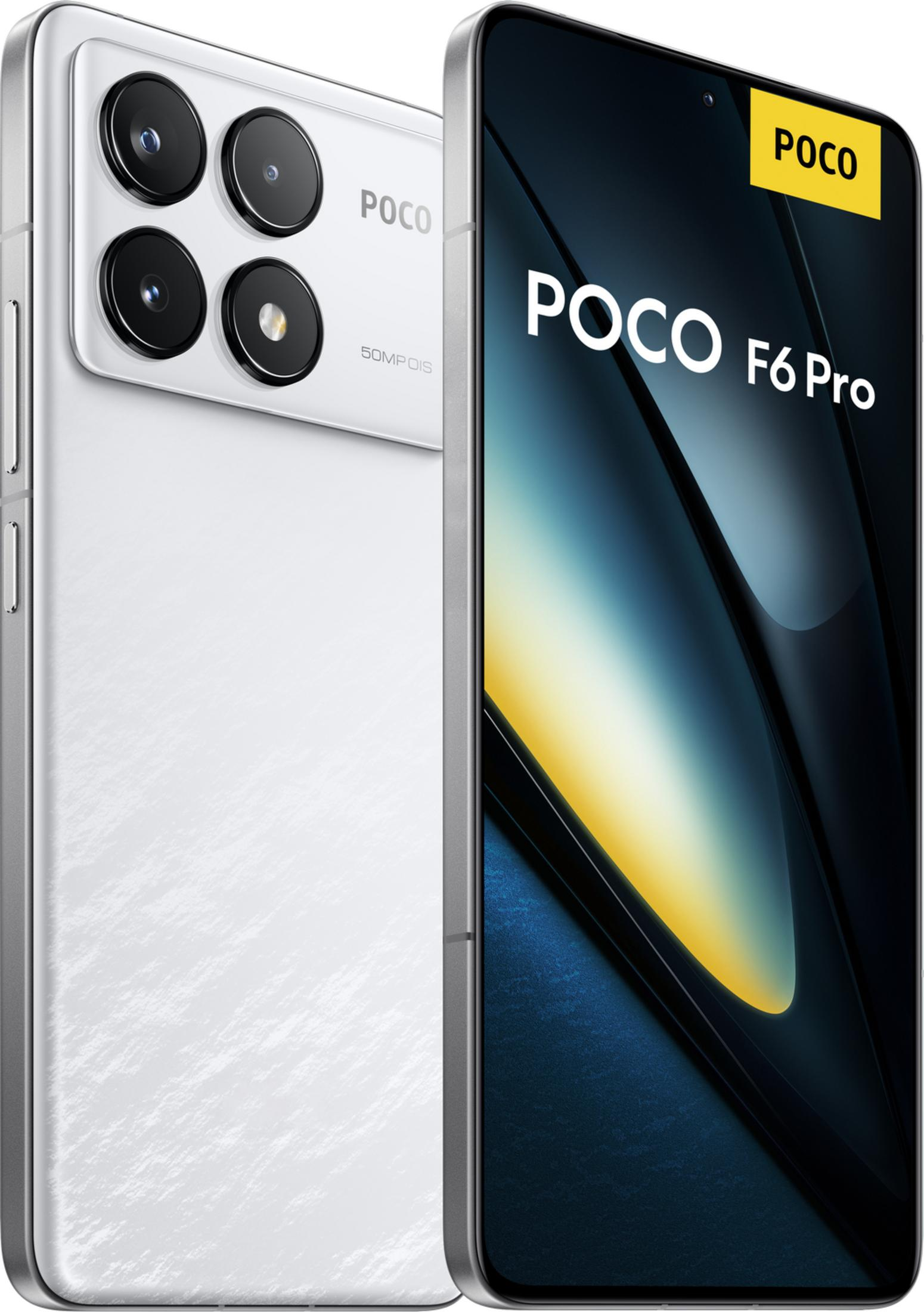 Dos smartphones POCO F6 Pro blancos uno al lado del otro, trasera con cámaras, frontal con pantalla.
