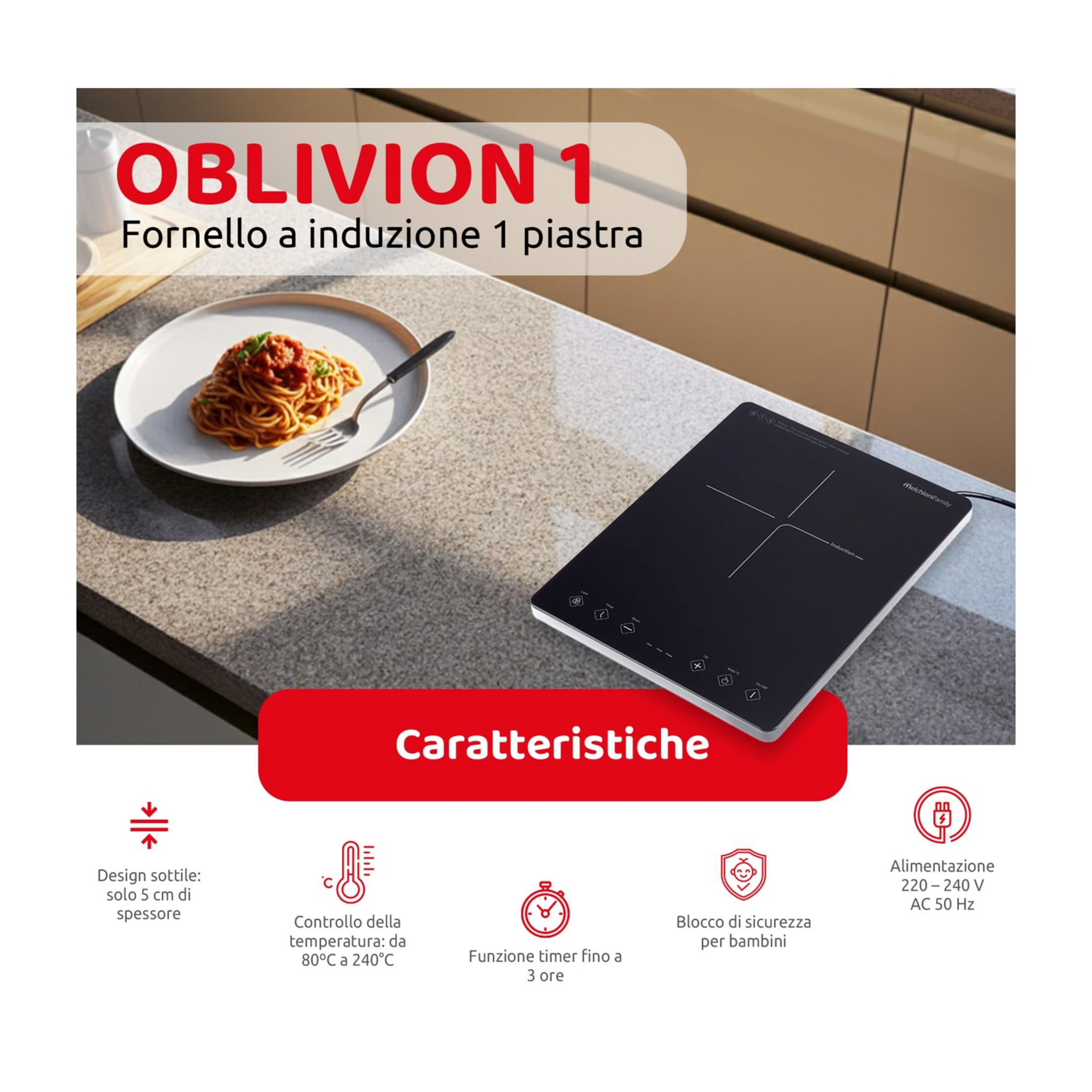 Placa de inducción negra con plato de espaguetis y características del producto.
