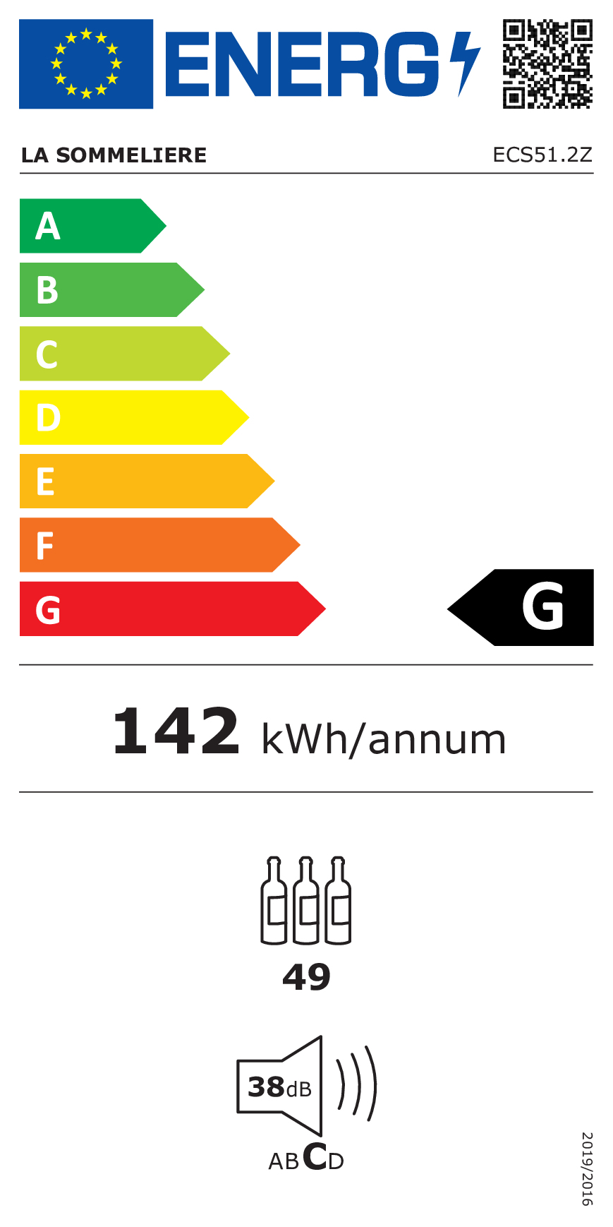 Etiqueta energética para La Sommeliere, Clase G, 142 kWh/año, 49 botellas, 38 dB.