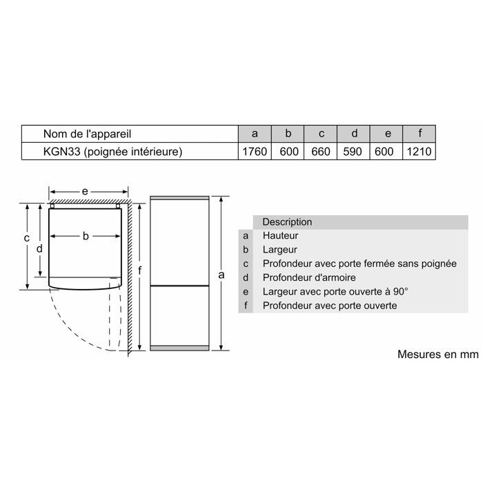 Disegno tecnico di un frigorifero con dimensioni e descrizioni in mm.