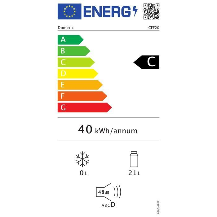 Energielabel für einen Kühlschrank, Energieeffizienzklasse C, 40 kWh/Jahr, 21L.