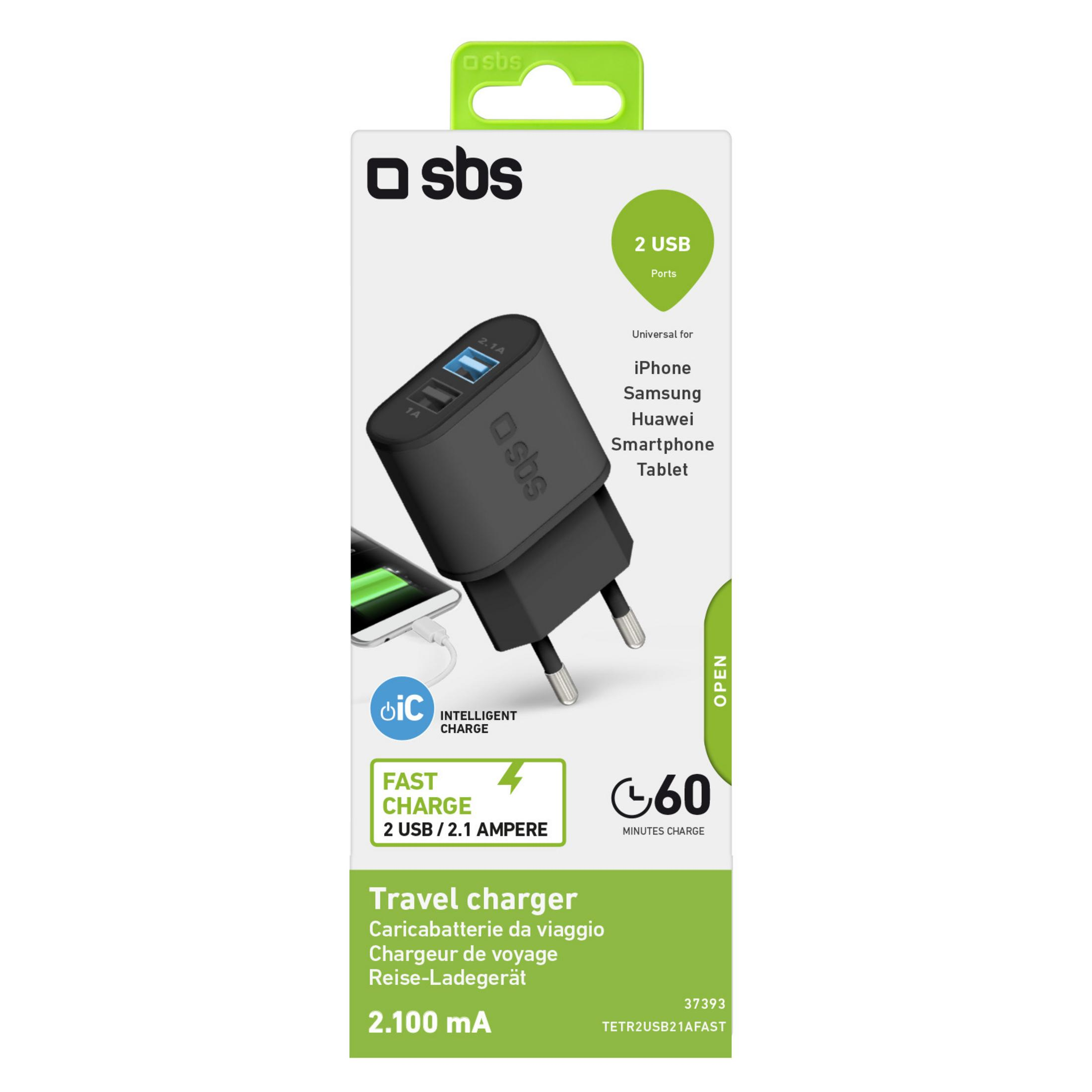 Cargador de viaje SBS negro con dos puertos USB y cable de carga iPhone.