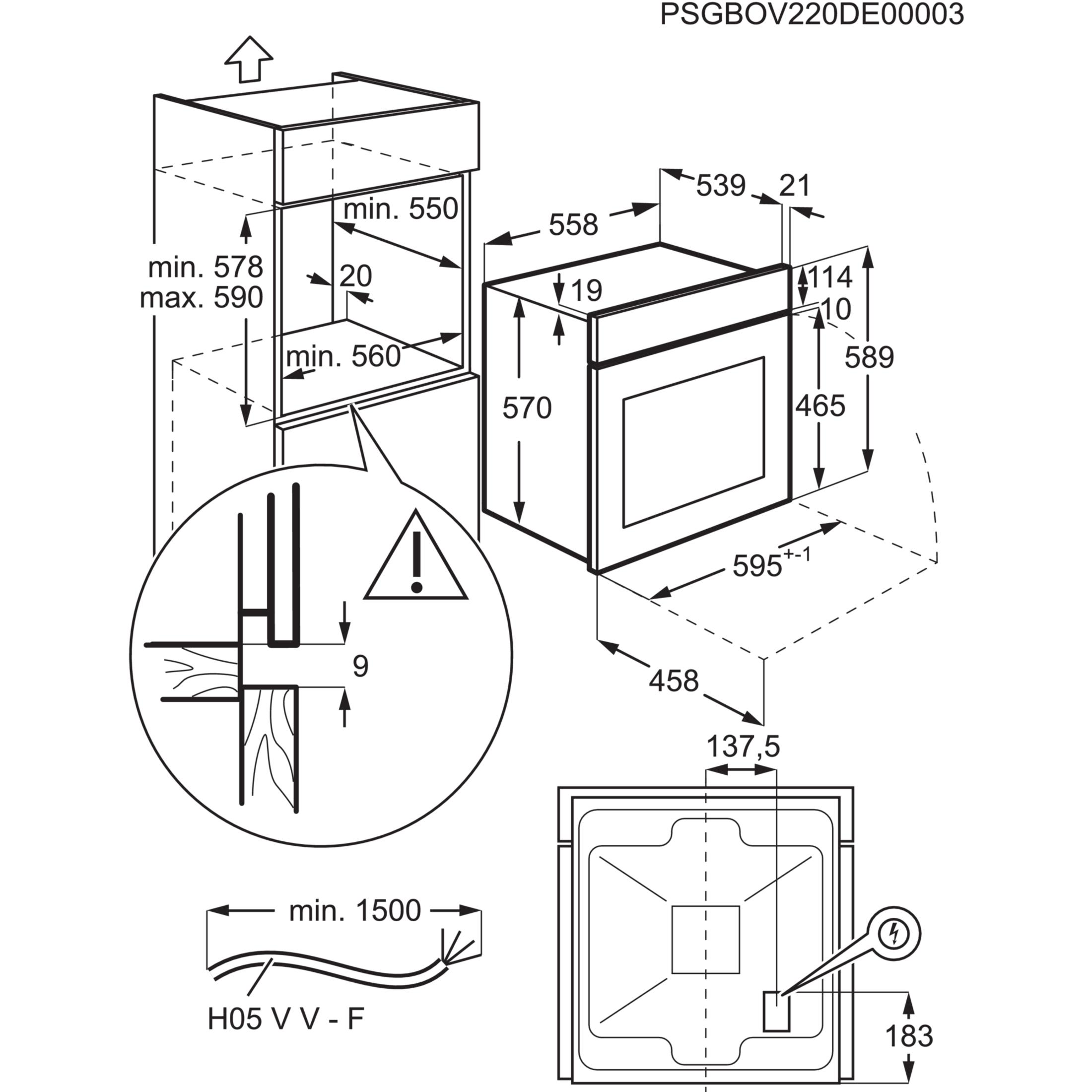Rysunek techniczny piekarnika do zabudowy z wymiarami i wskazówkami instalacji.