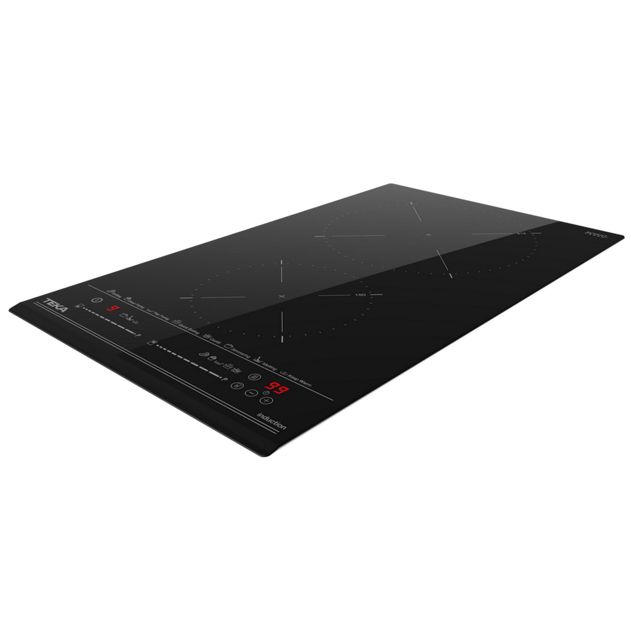 Placa de inducción Teka negra con panel táctil y pantalla digital.