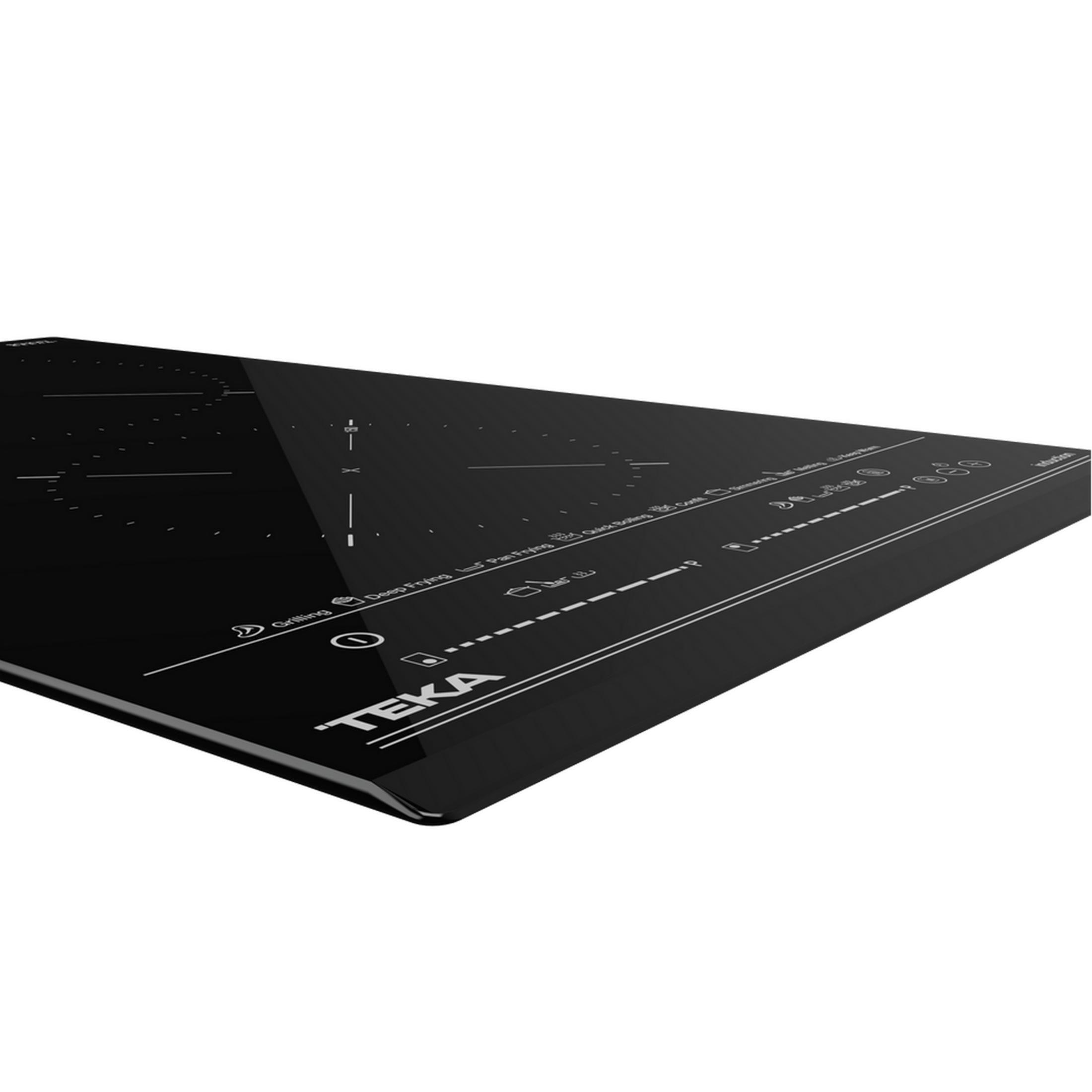 Placa de inducción negra con símbolos y etiquetas blancas.