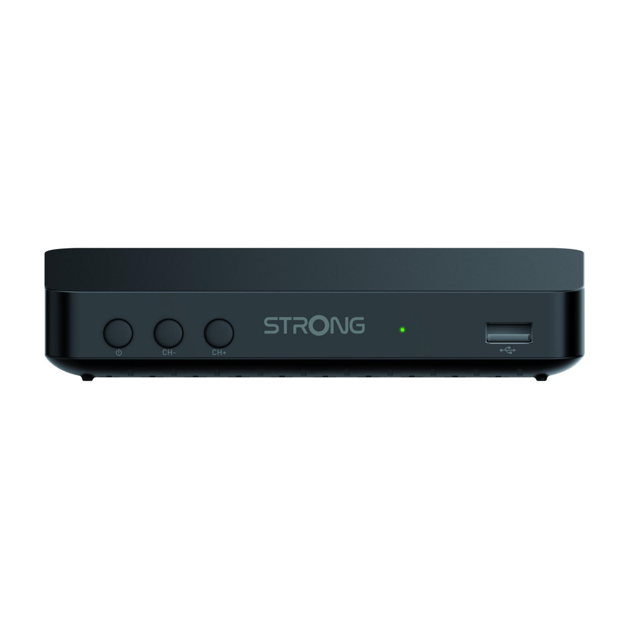 Receptor negro con logo "STRONG", tres botones y luz verde.
