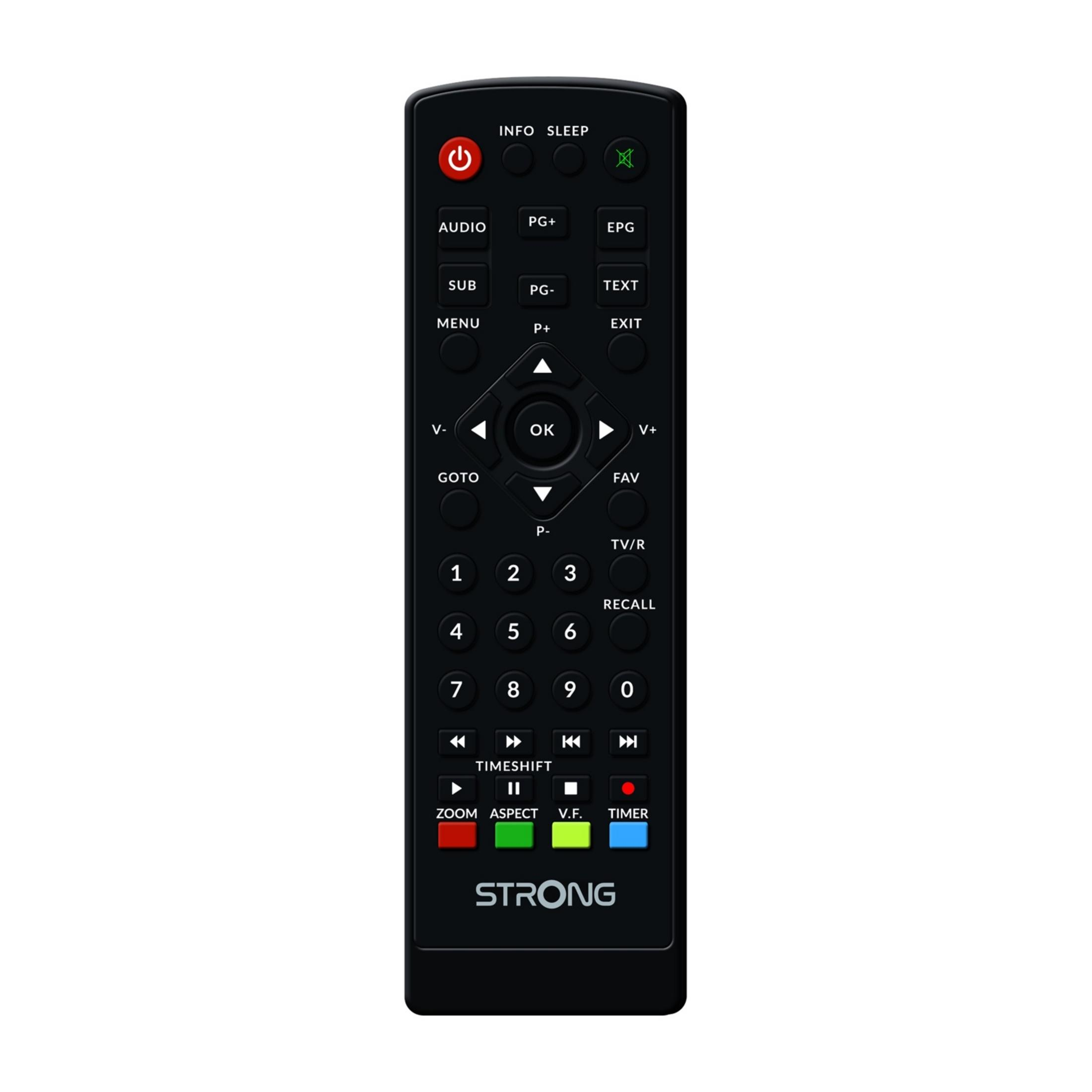 Mando a distancia negro con botones para encendido, menú, números y navegación.