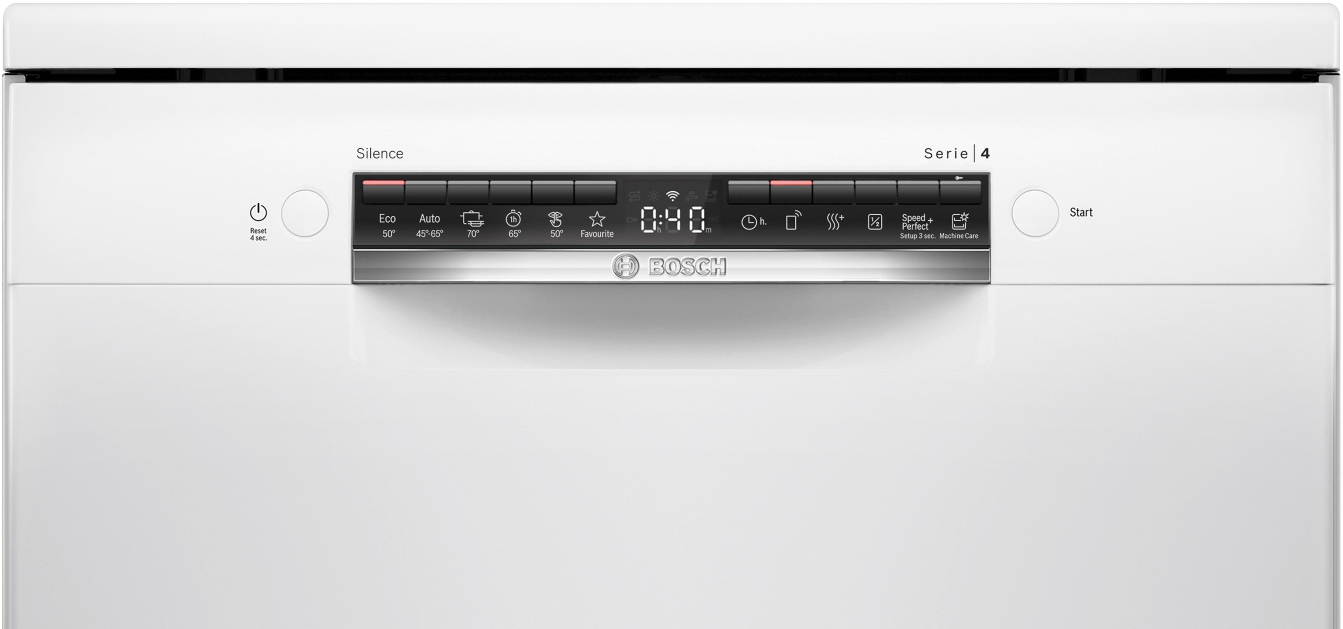 Weißes Bosch Geschirrspüler-Bedienfeld mit digitalen Anzeigen und Tasten.