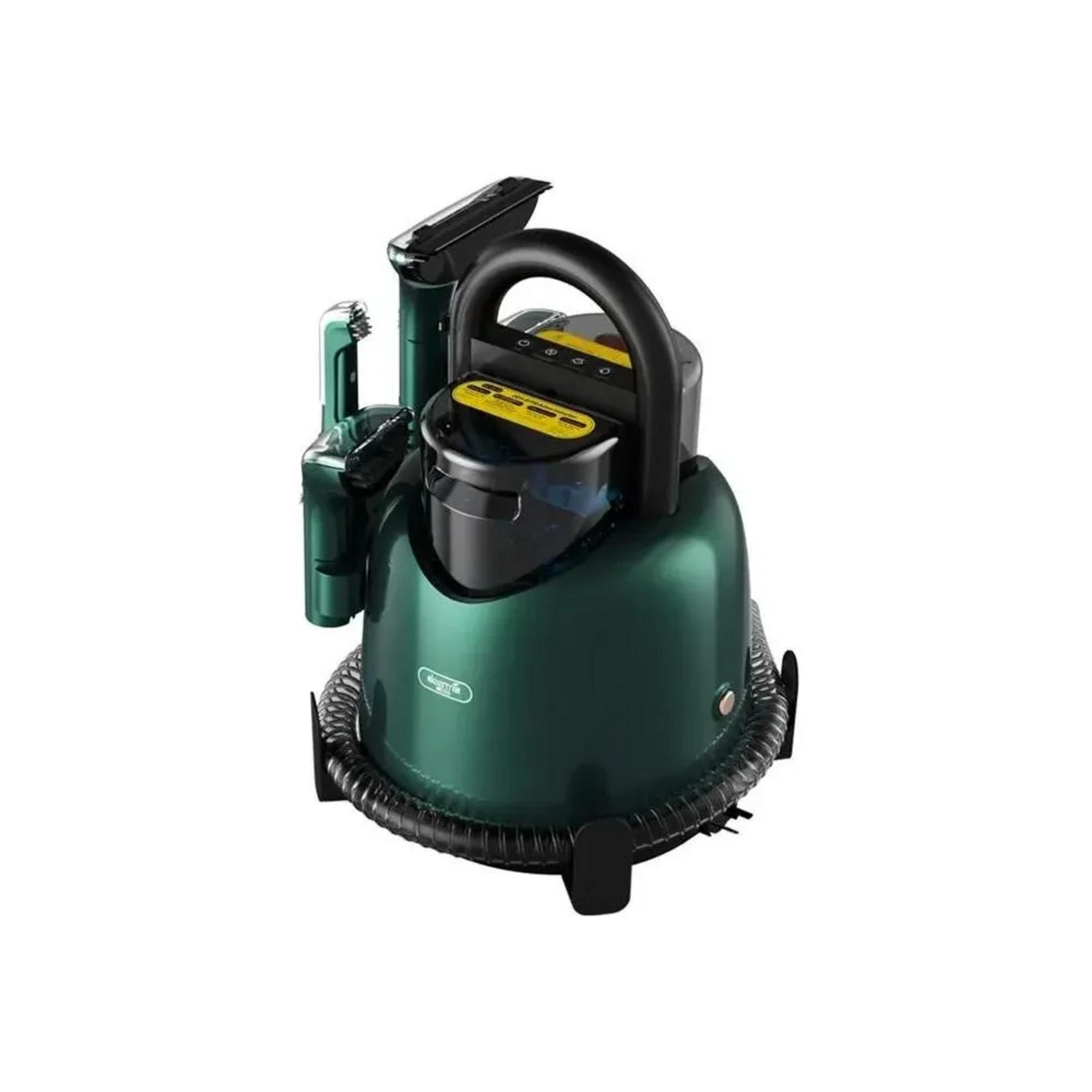 Un aspirapolvere verde con manico e tubo neri è mostrato su sfondo bianco.