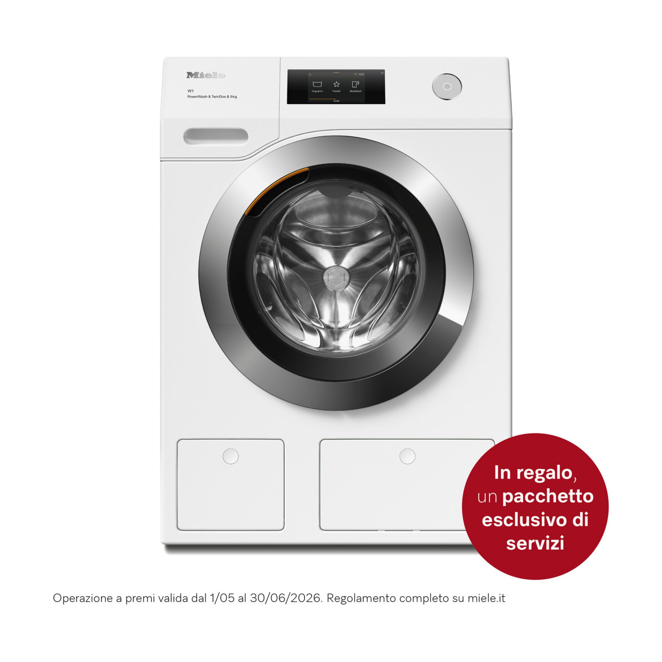 Una lavadora Miele blanca con pantalla táctil y ojo de buey plateado.
