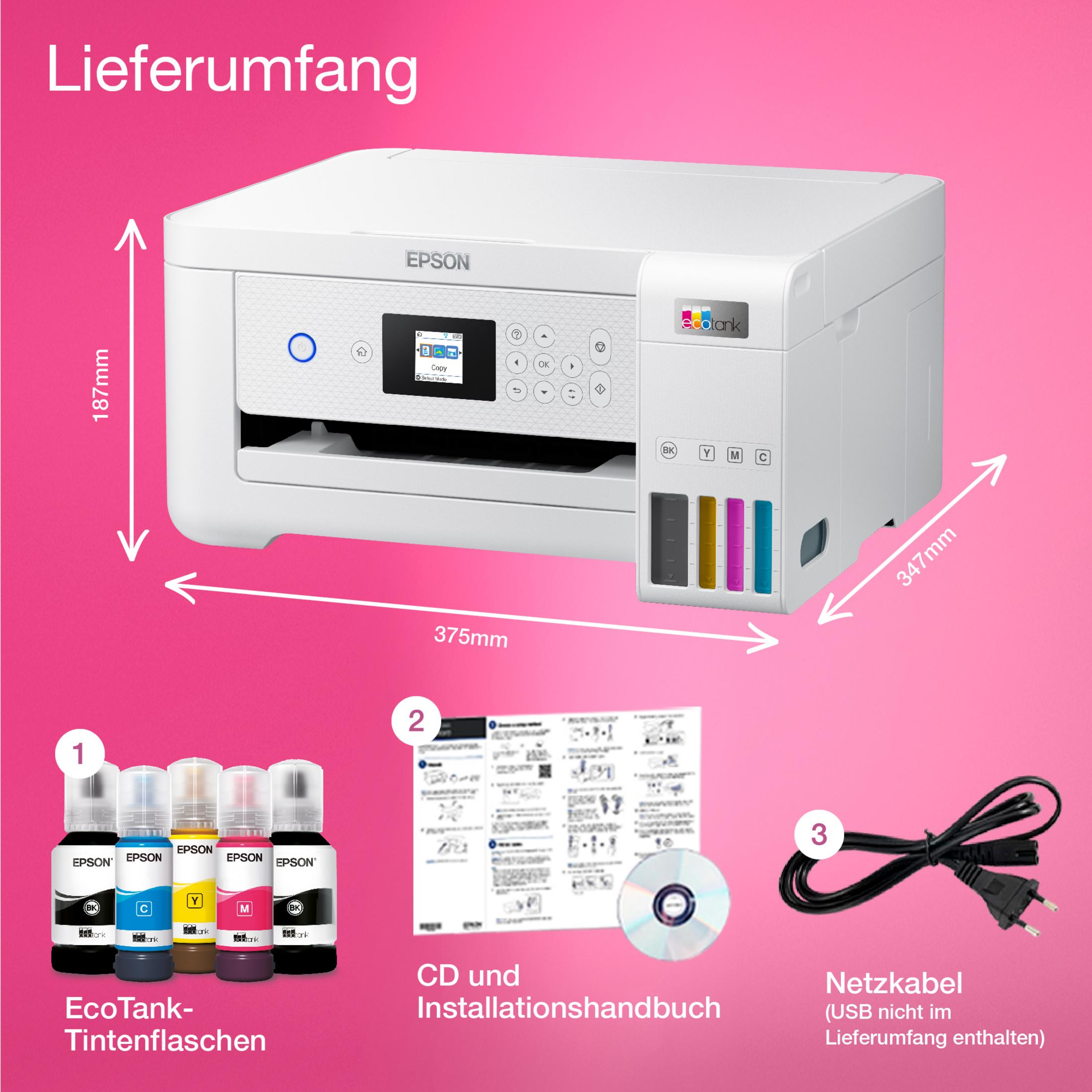 Impresora Epson EcoTank con botellas de tinta, manual, CD y cable de alimentación.