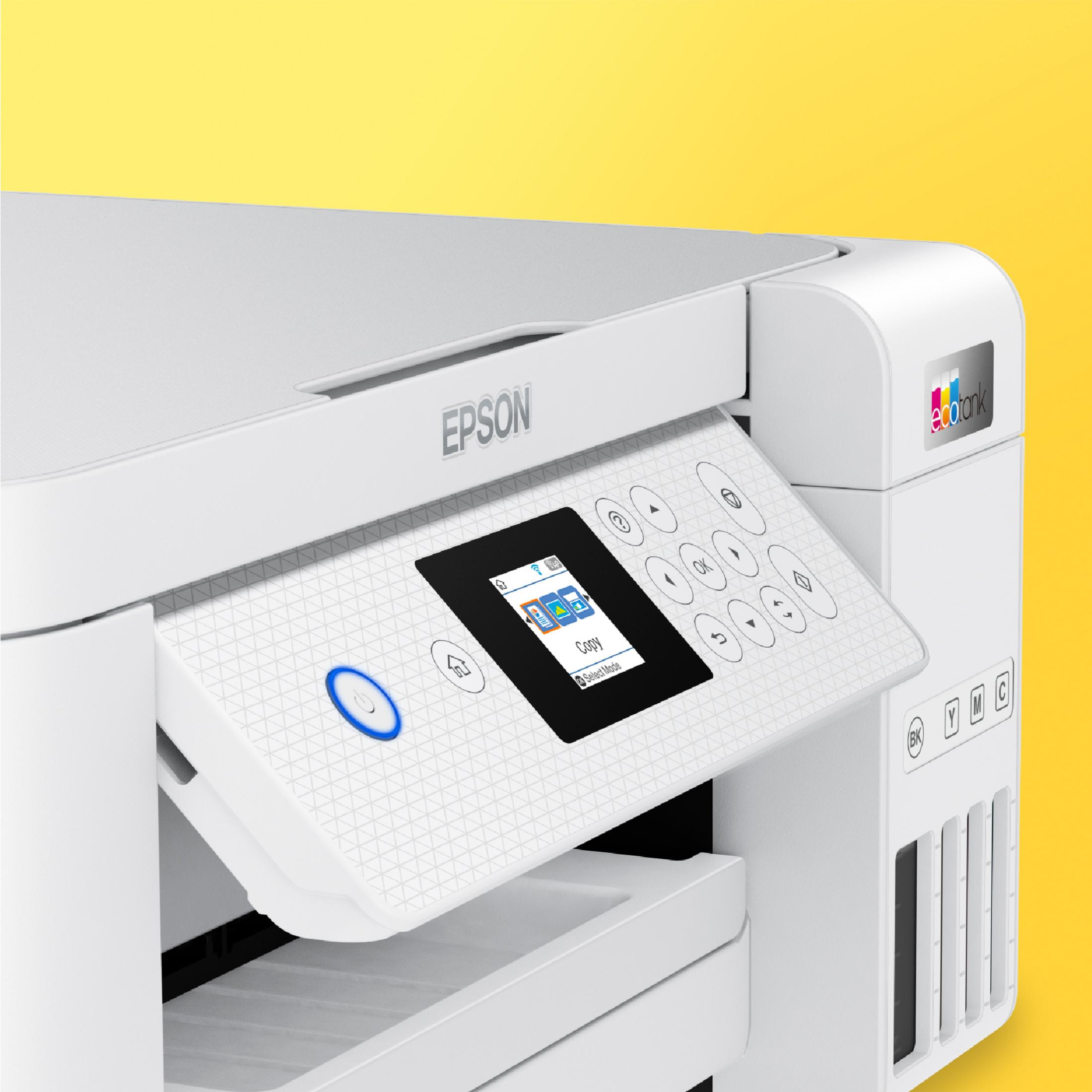 Una impresora Epson EcoTank blanca con panel de control y tanques de tinta.