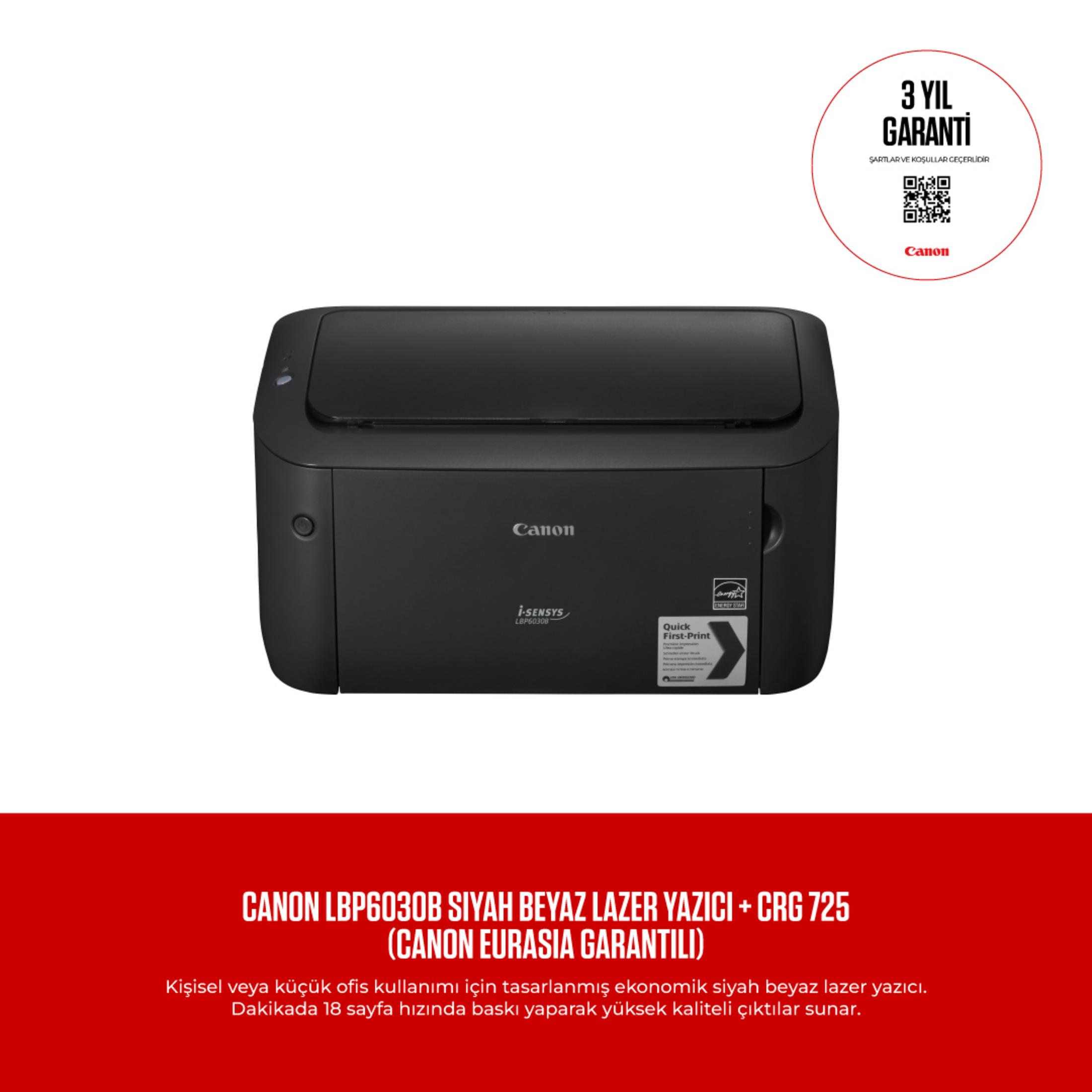 3 yıl garantili siyah Canon i-SENSYS LBP6030B lazer yazıcı.
