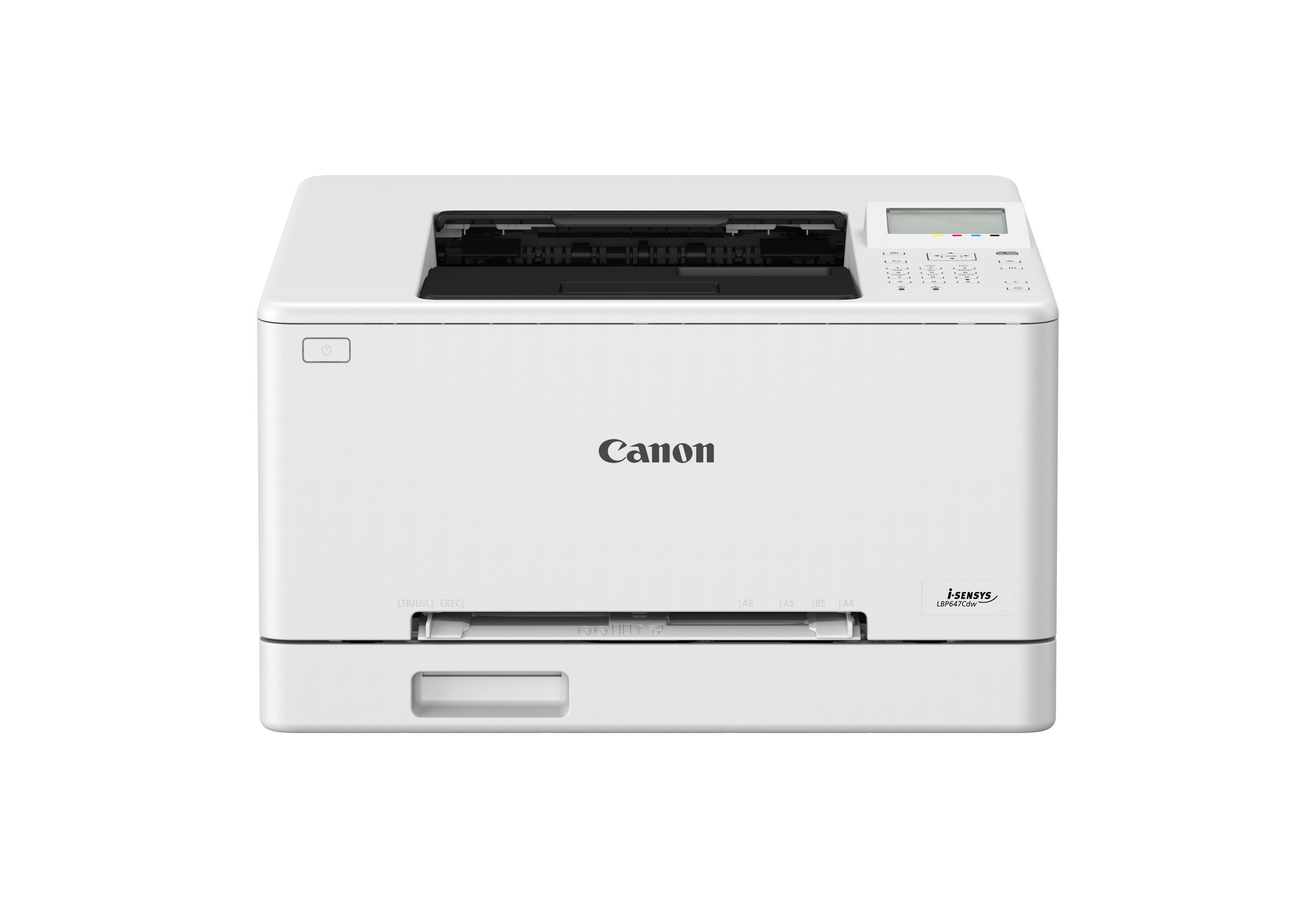 Ein weißer Canon i-SENSYS LBP647Cdw Laserdrucker mit Bedienfeld.