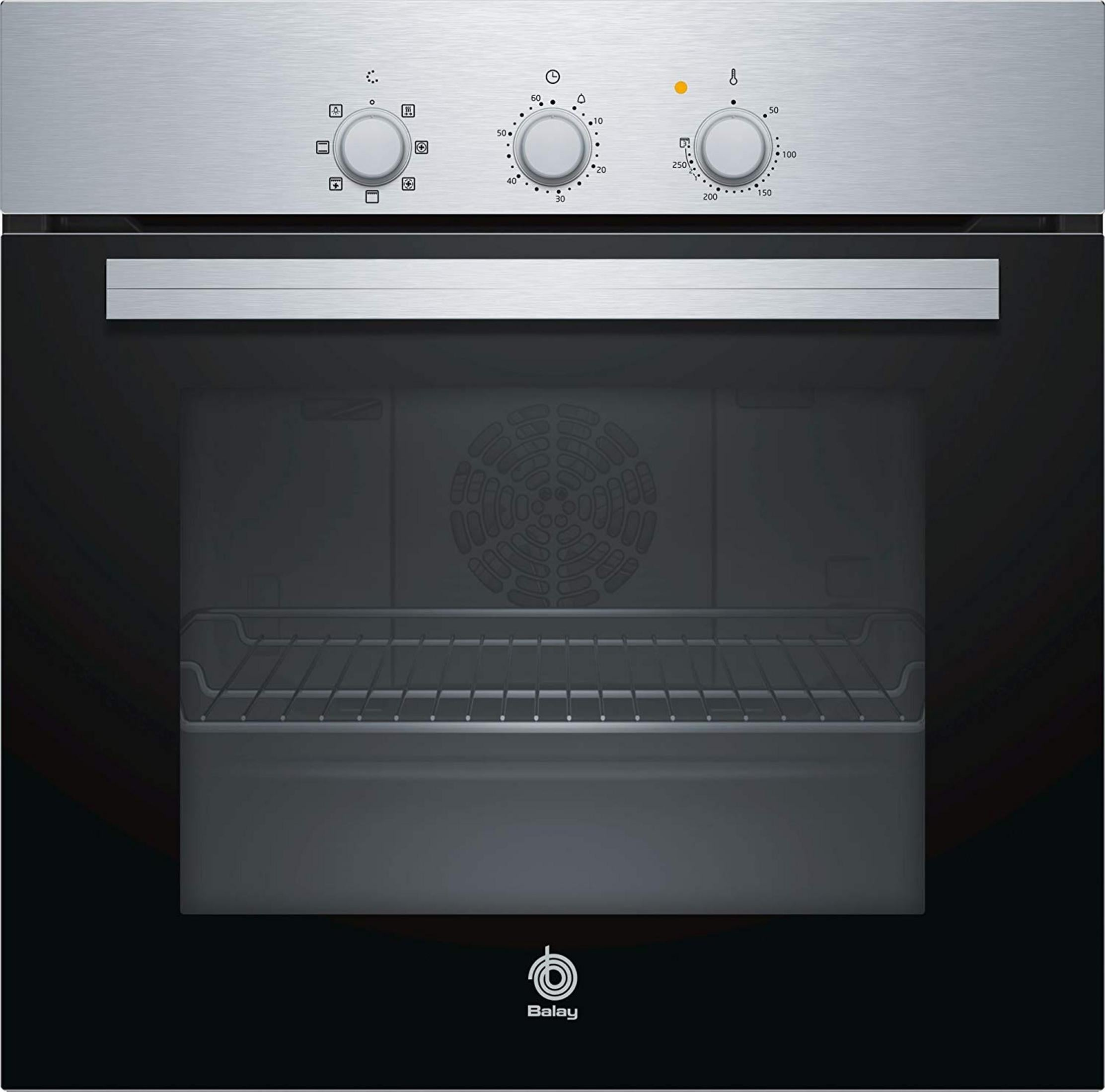 Un moderno horno plateado con puerta de cristal negra y mandos.