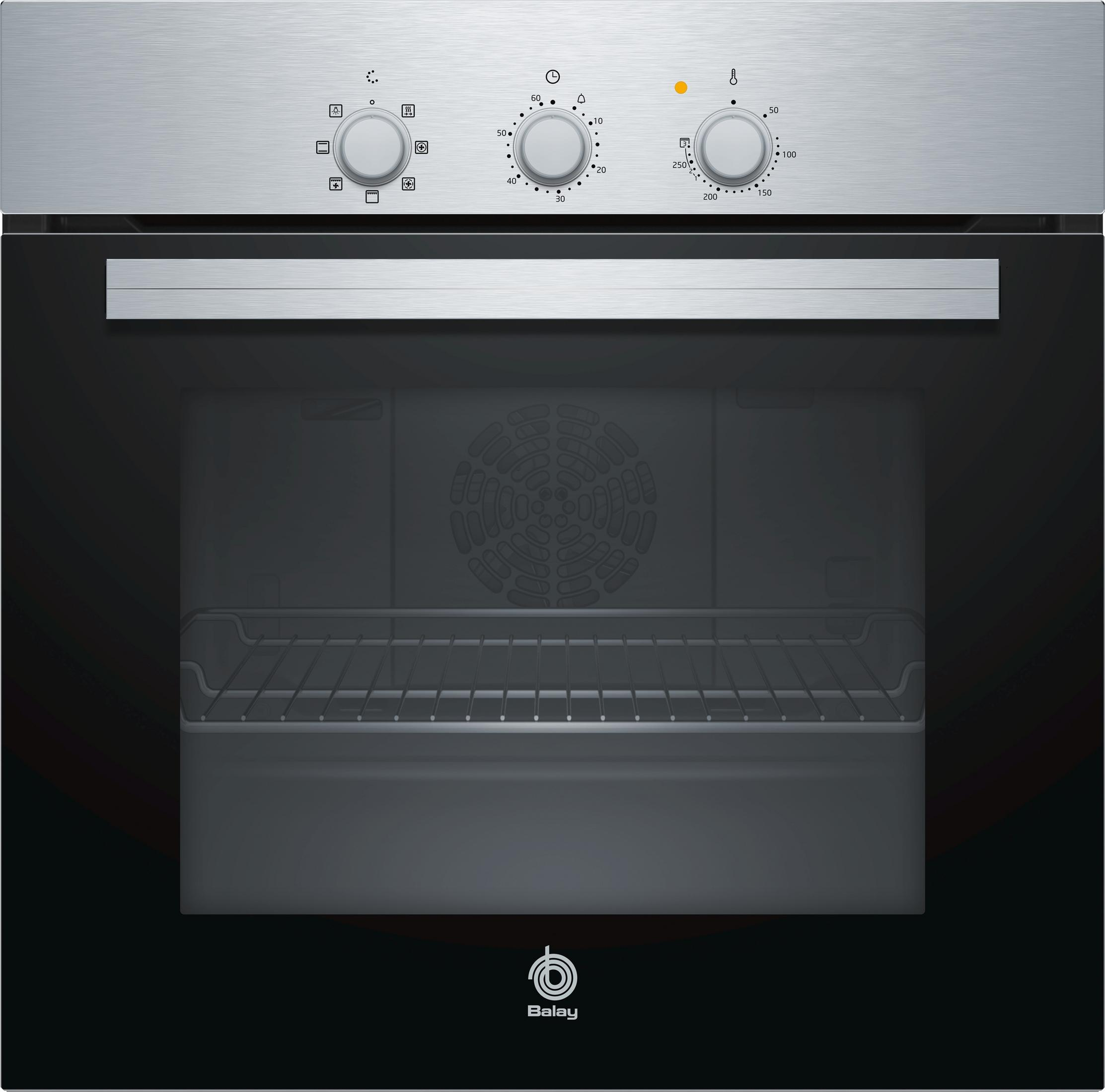 Un horno Balay moderno con parte superior plateada y puerta de cristal negro.