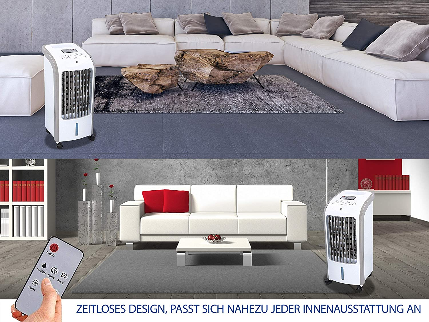 Ein Klimagerät steht in einem modernen Wohnzimmer mit weißem Sofa und Holztisch.