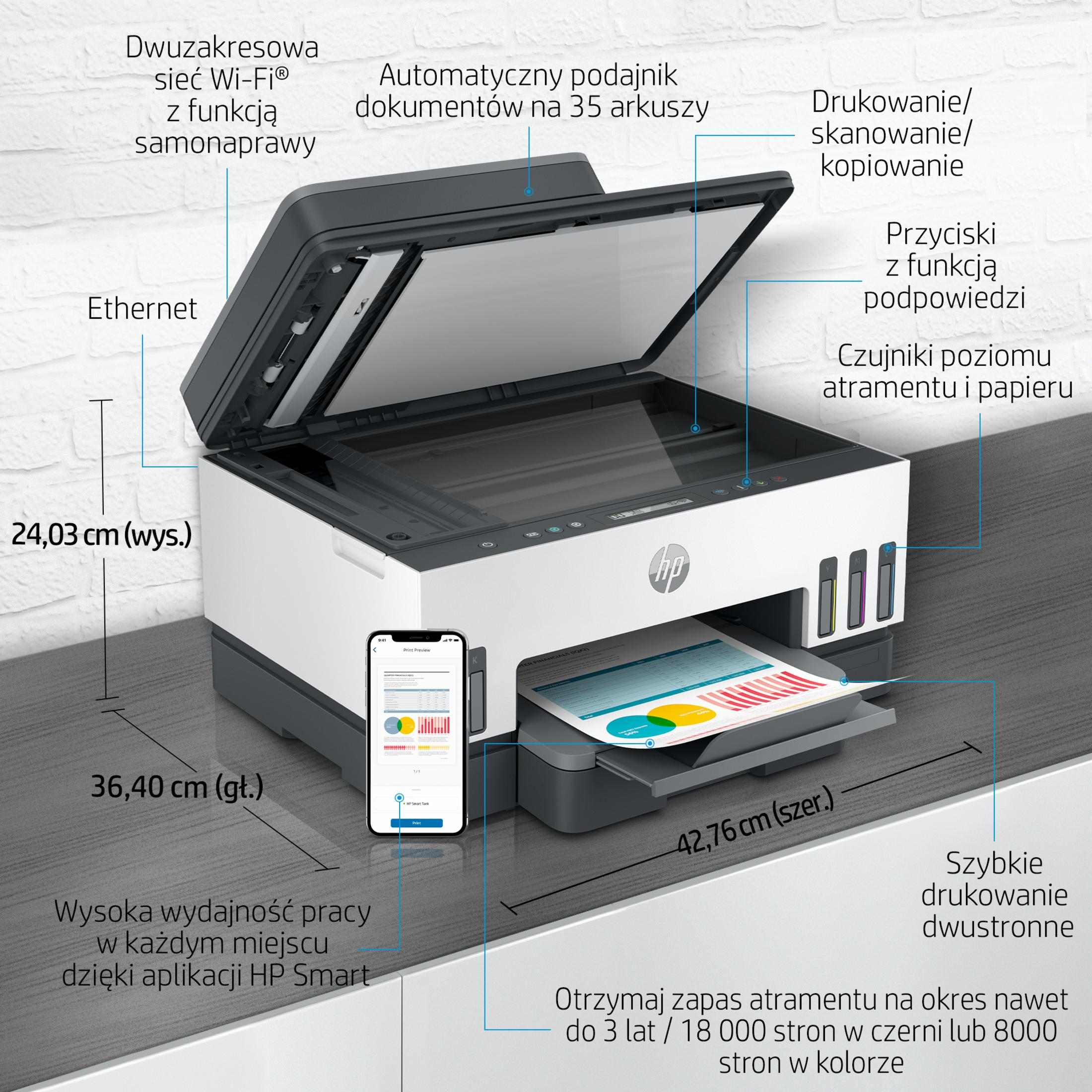 Stampante HP bianca e grigia con Wi-Fi, scanner, copiatrice e sistema a serbatoio d'inchiostro.